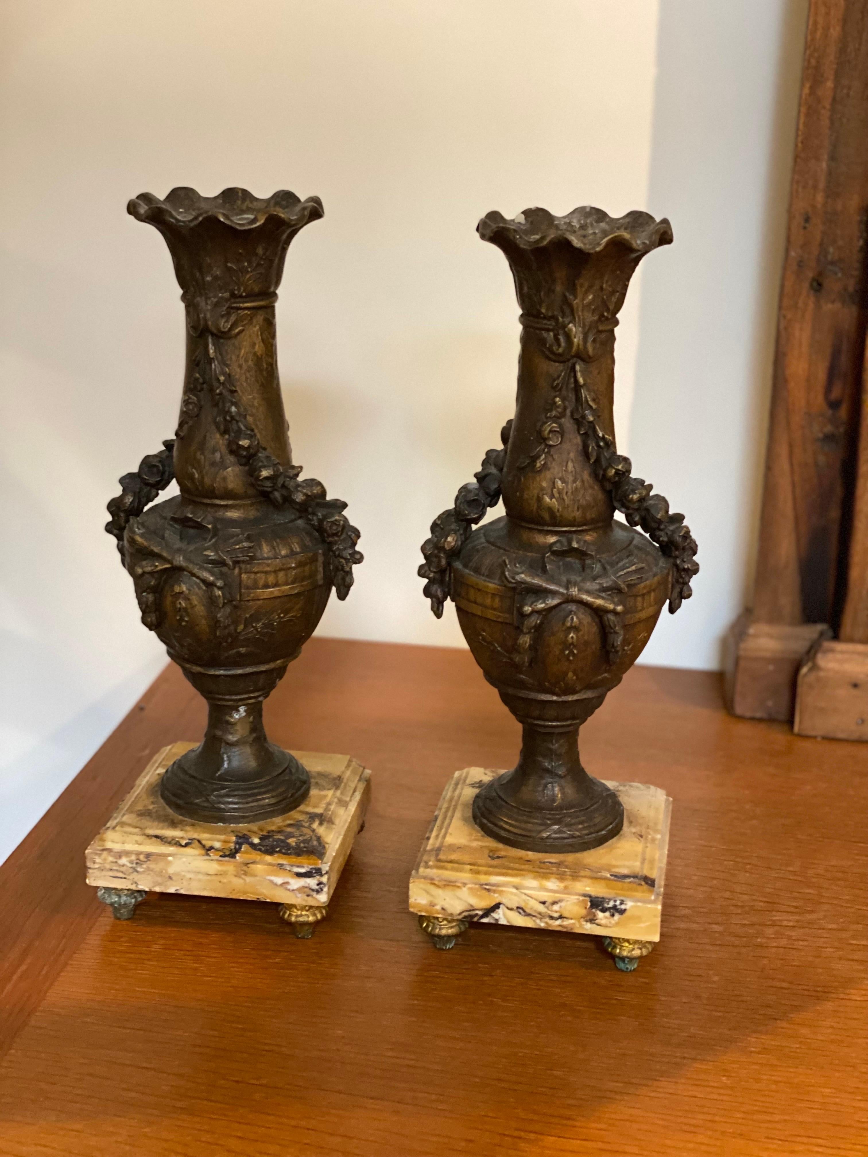 Pair of French Neoclassical Bronze Candlesticks with Marble Base In Good Condition For Sale In Southampton, NY