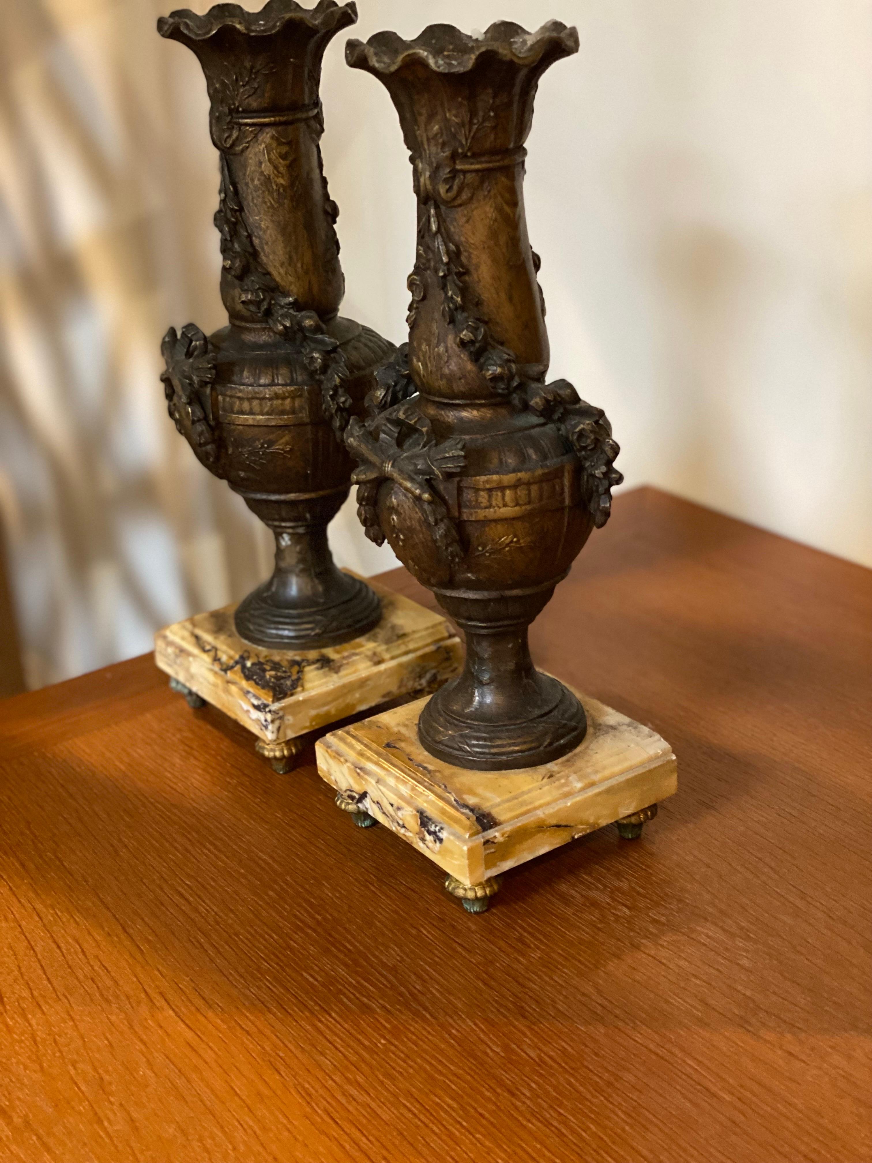 19th Century Pair of French Neoclassical Bronze Candlesticks with Marble Base For Sale