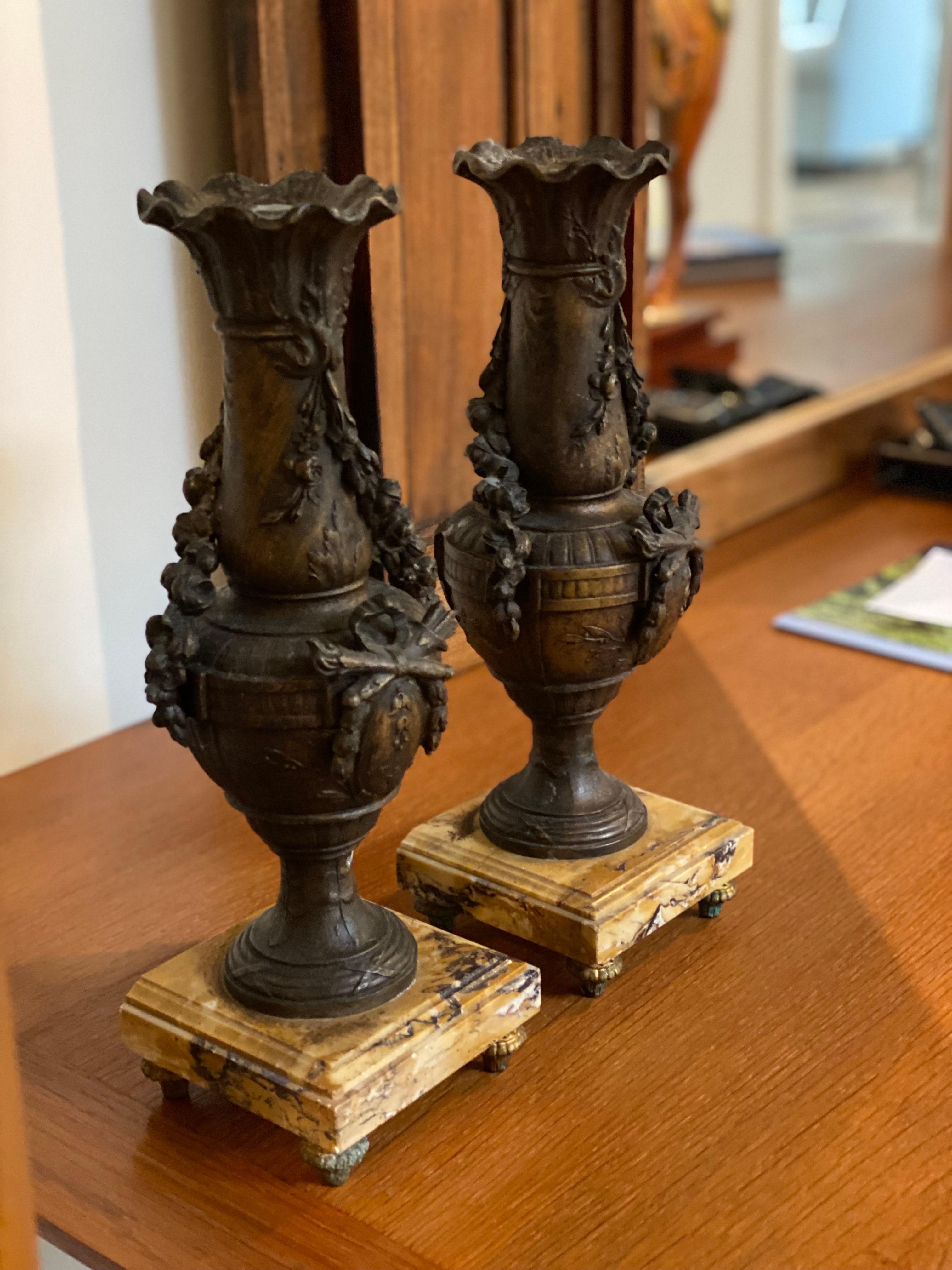 Pair of French Neoclassical Bronze Candlesticks with Marble Base For Sale 1