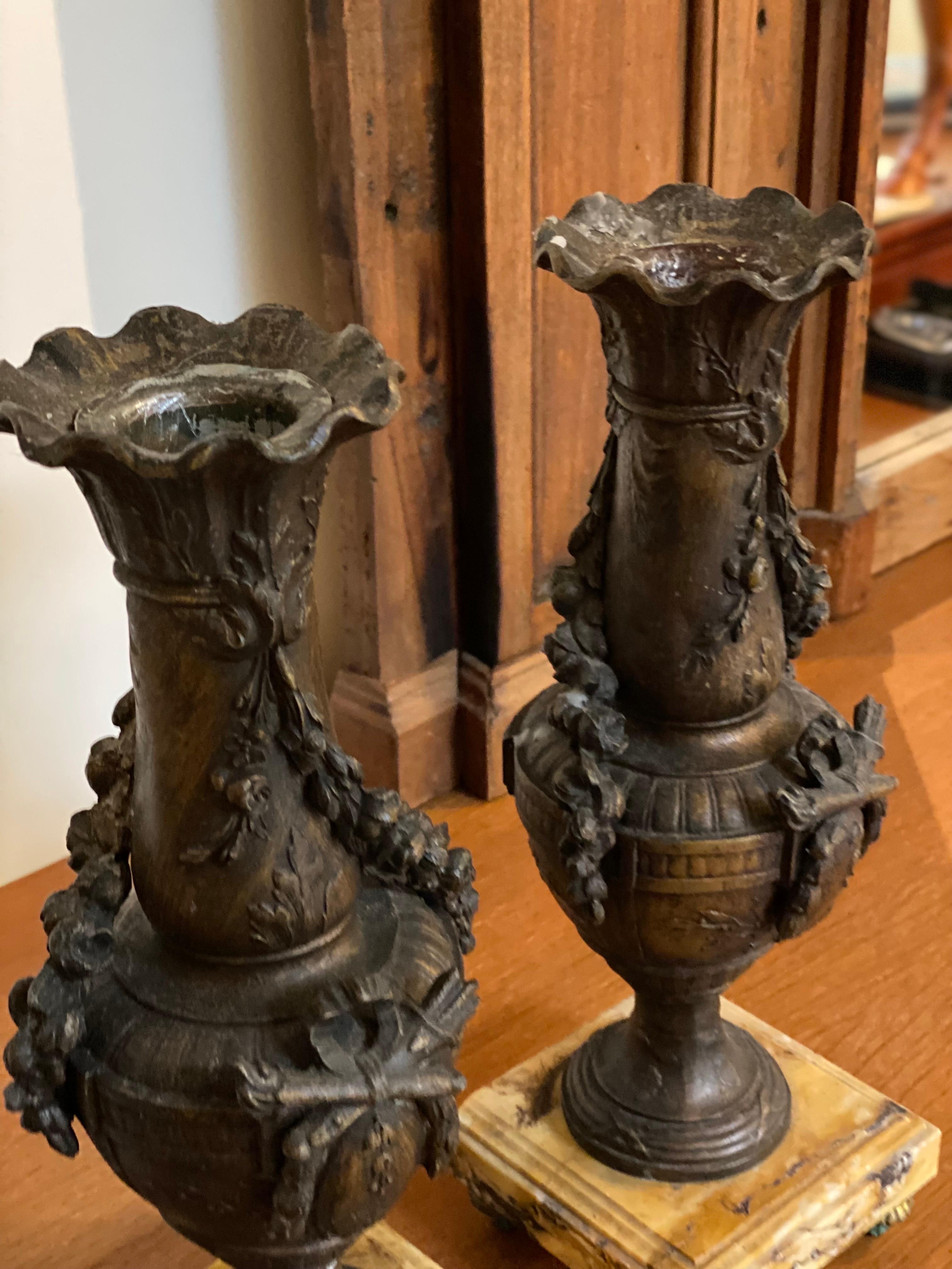 Pair of French Neoclassical Bronze Candlesticks with Marble Base For Sale 2