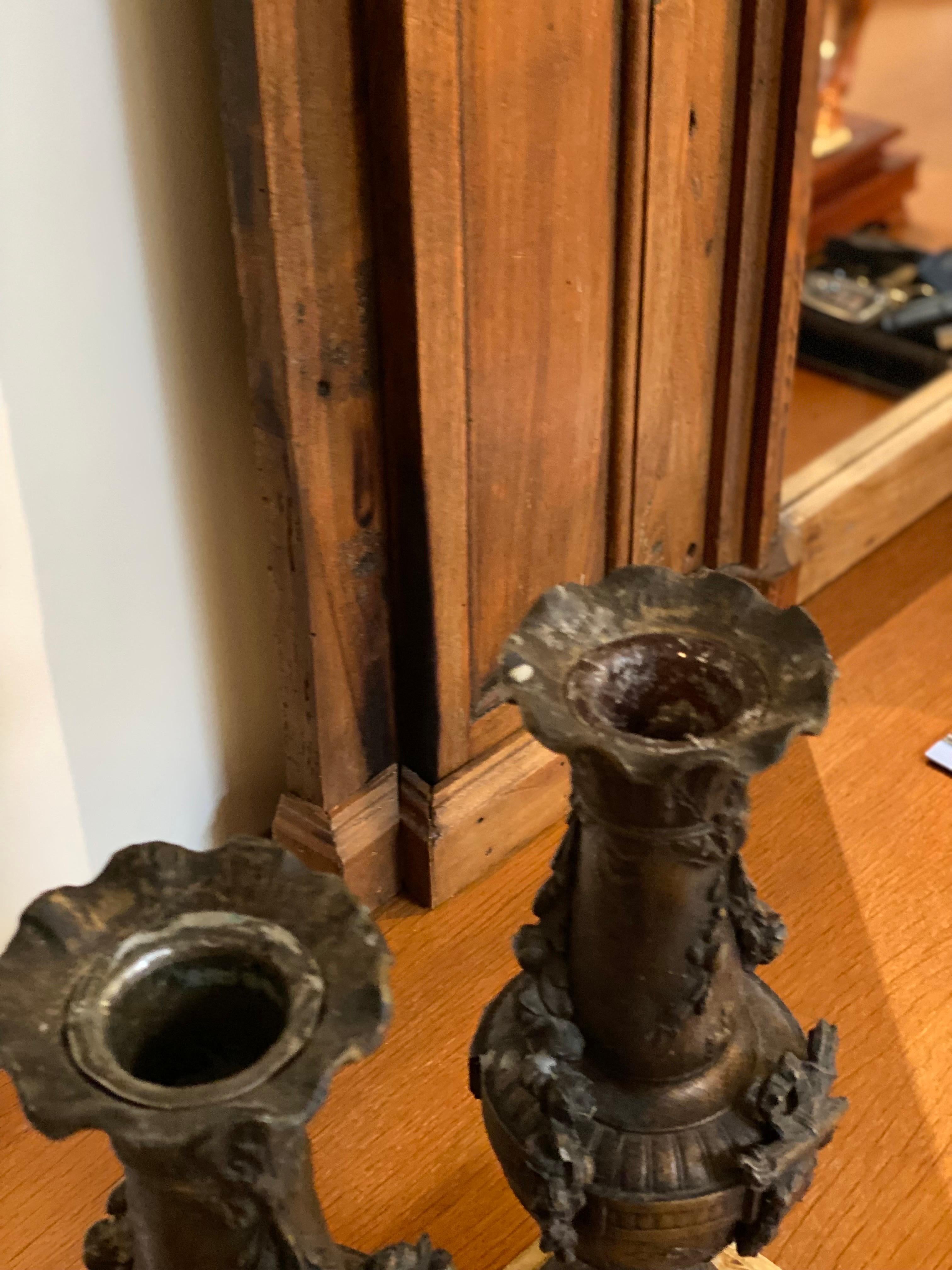 Pair of French Neoclassical Bronze Candlesticks with Marble Base For Sale 4
