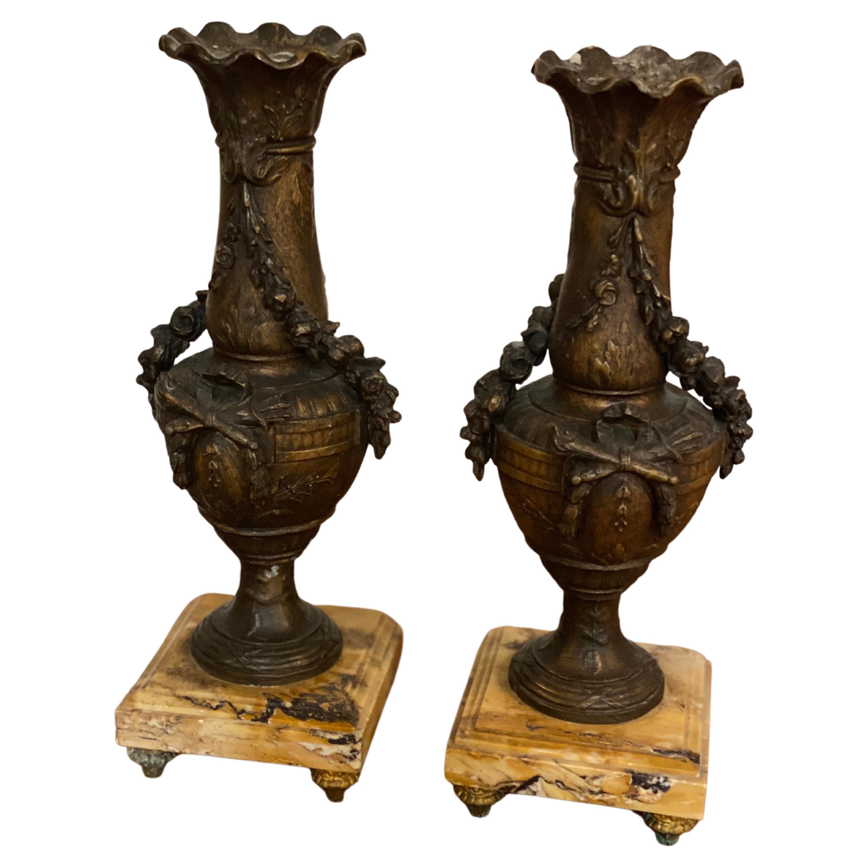 Pair of French Neoclassical Bronze Candlesticks with Marble Base For Sale