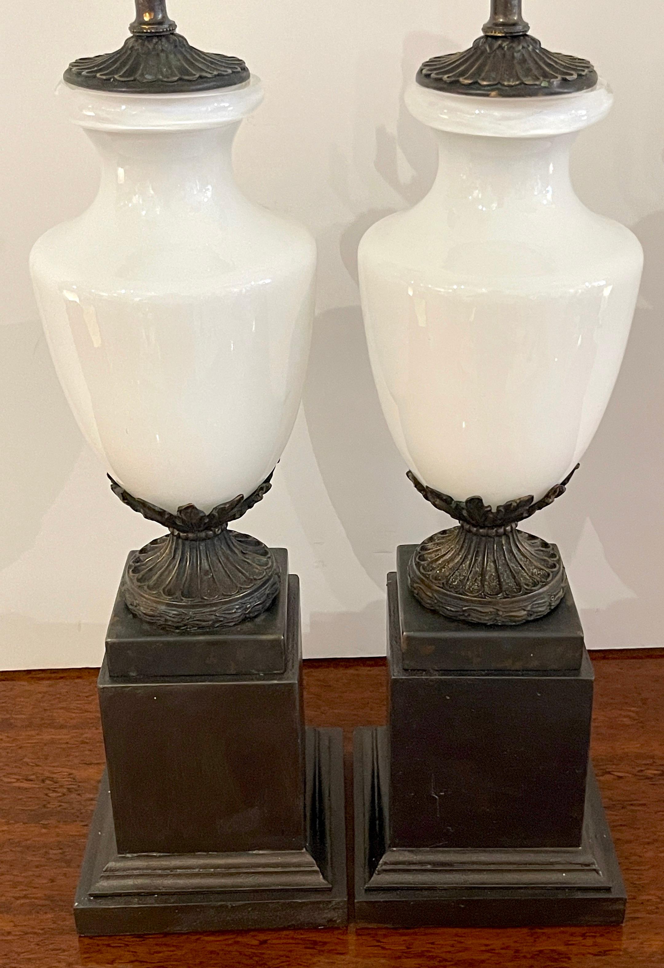 Cast Pair of French Neoclassical Bronze Mounted Opaline Vases, Now as Lamps For Sale