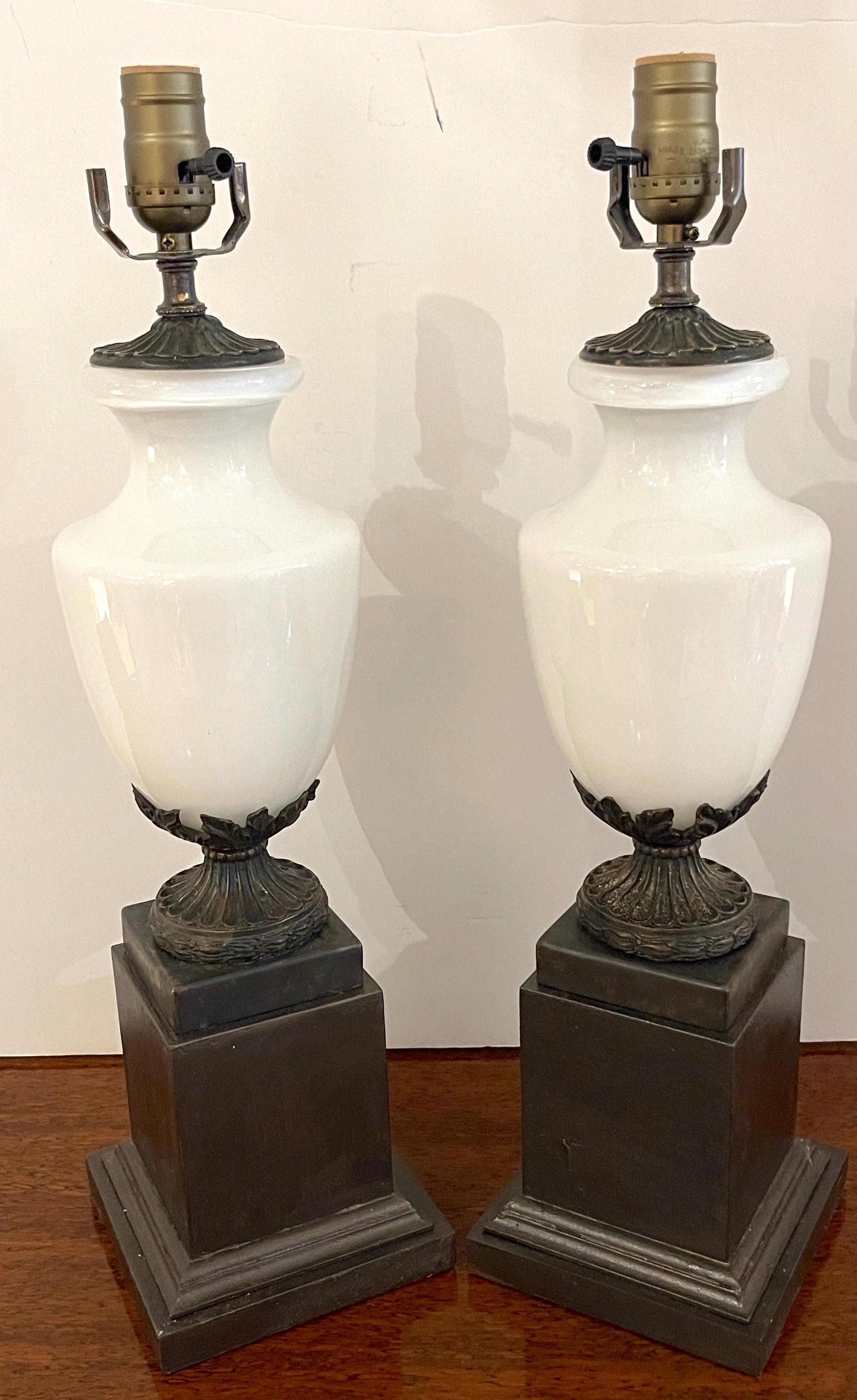 20th Century Pair of French Neoclassical Bronze Mounted Opaline Vases, Now as Lamps For Sale