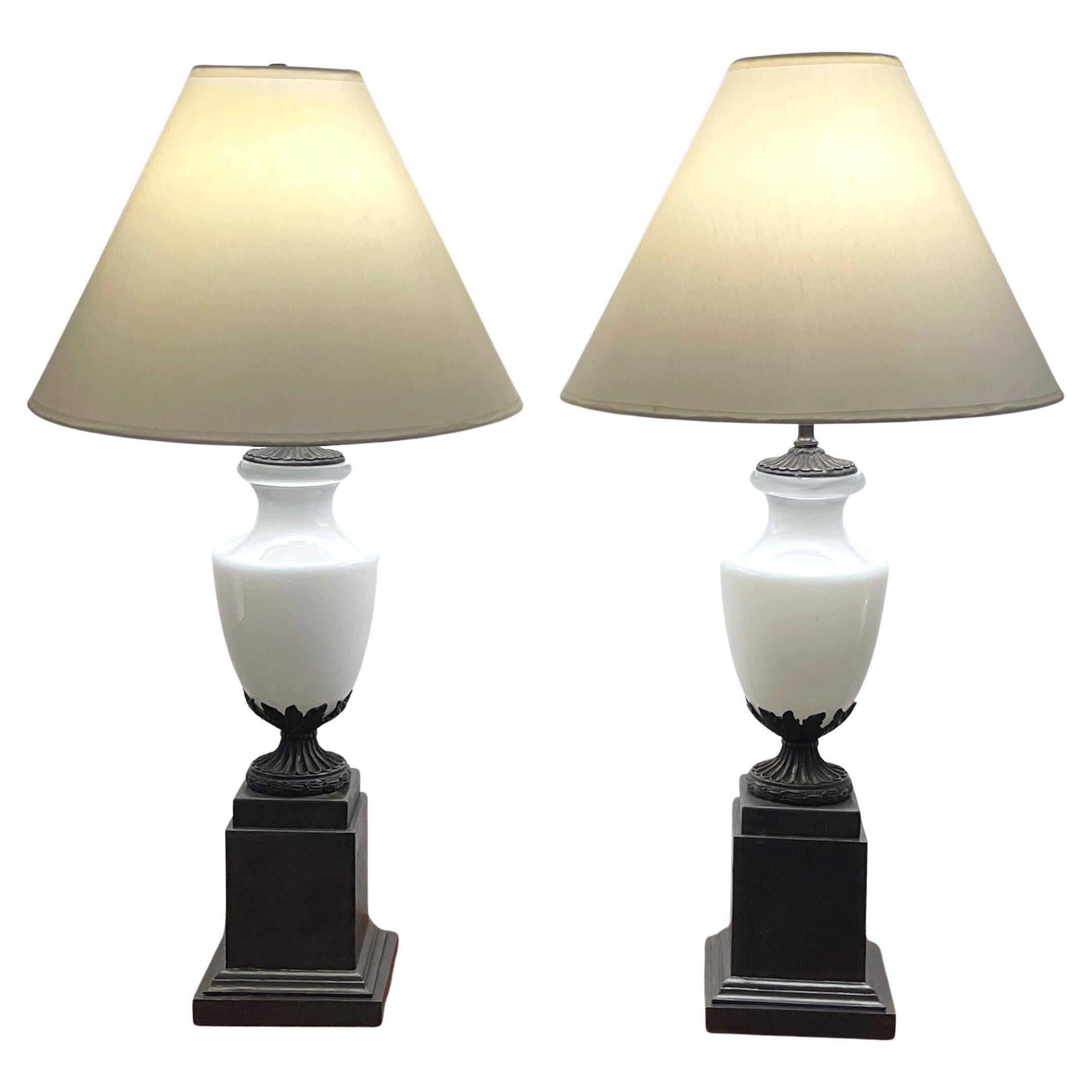 Pair of French Neoclassical Bronze Mounted Opaline Vases, Now as Lamps