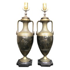Antique Pair of French Neoclassical Bronze Urn Lamps, circa 1840