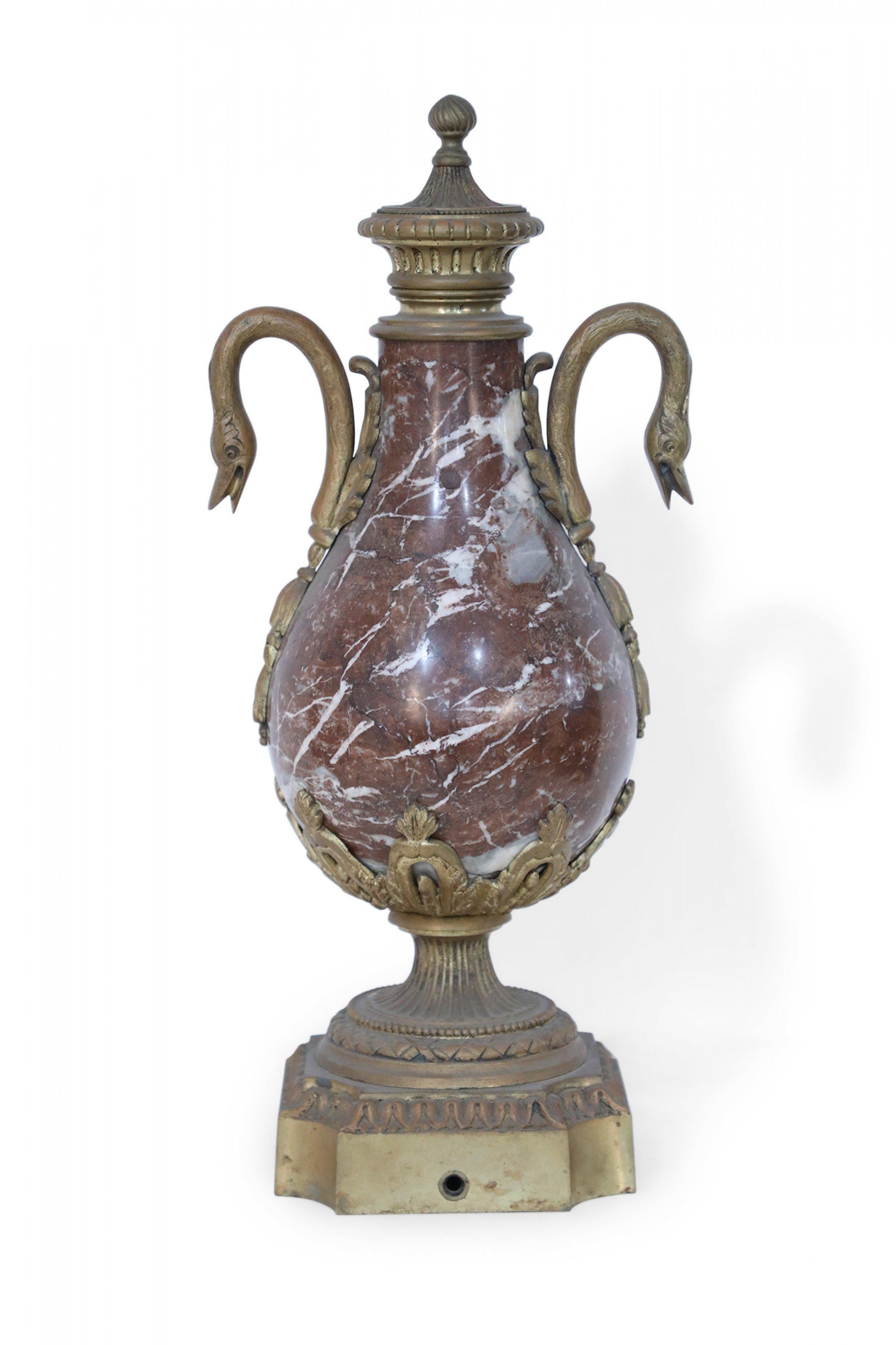 Pair of French Neoclassical Burgundy Marble and Bronze Decorative Urns For Sale 6