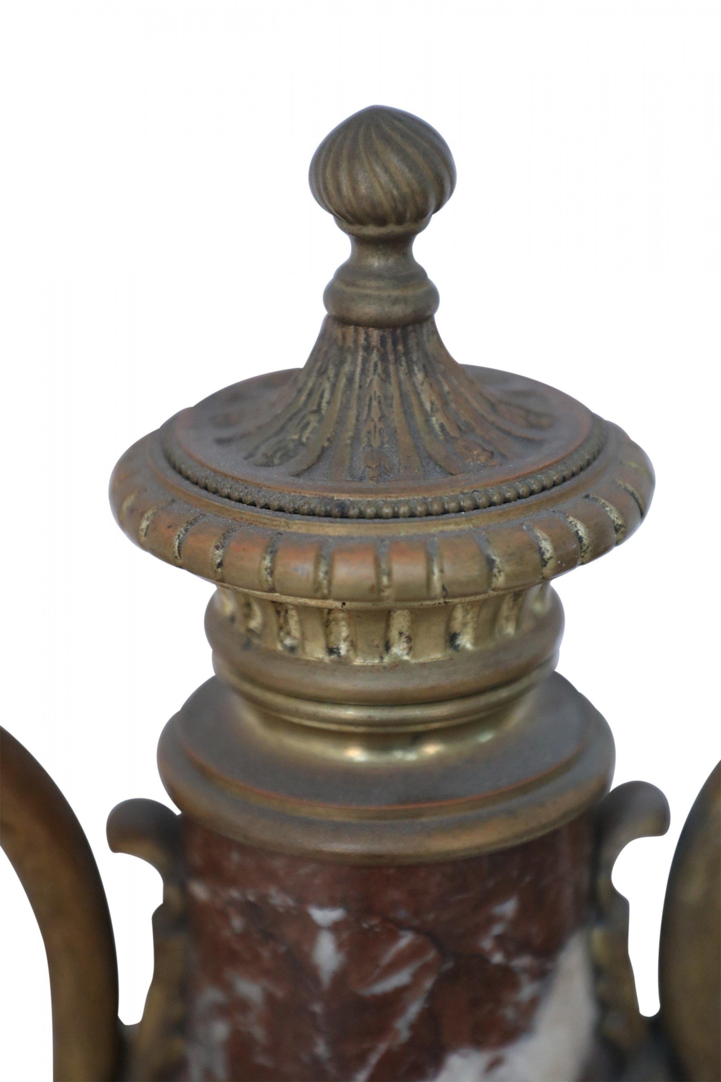 Pair of French Neoclassical Burgundy Marble and Bronze Decorative Urns For Sale 12