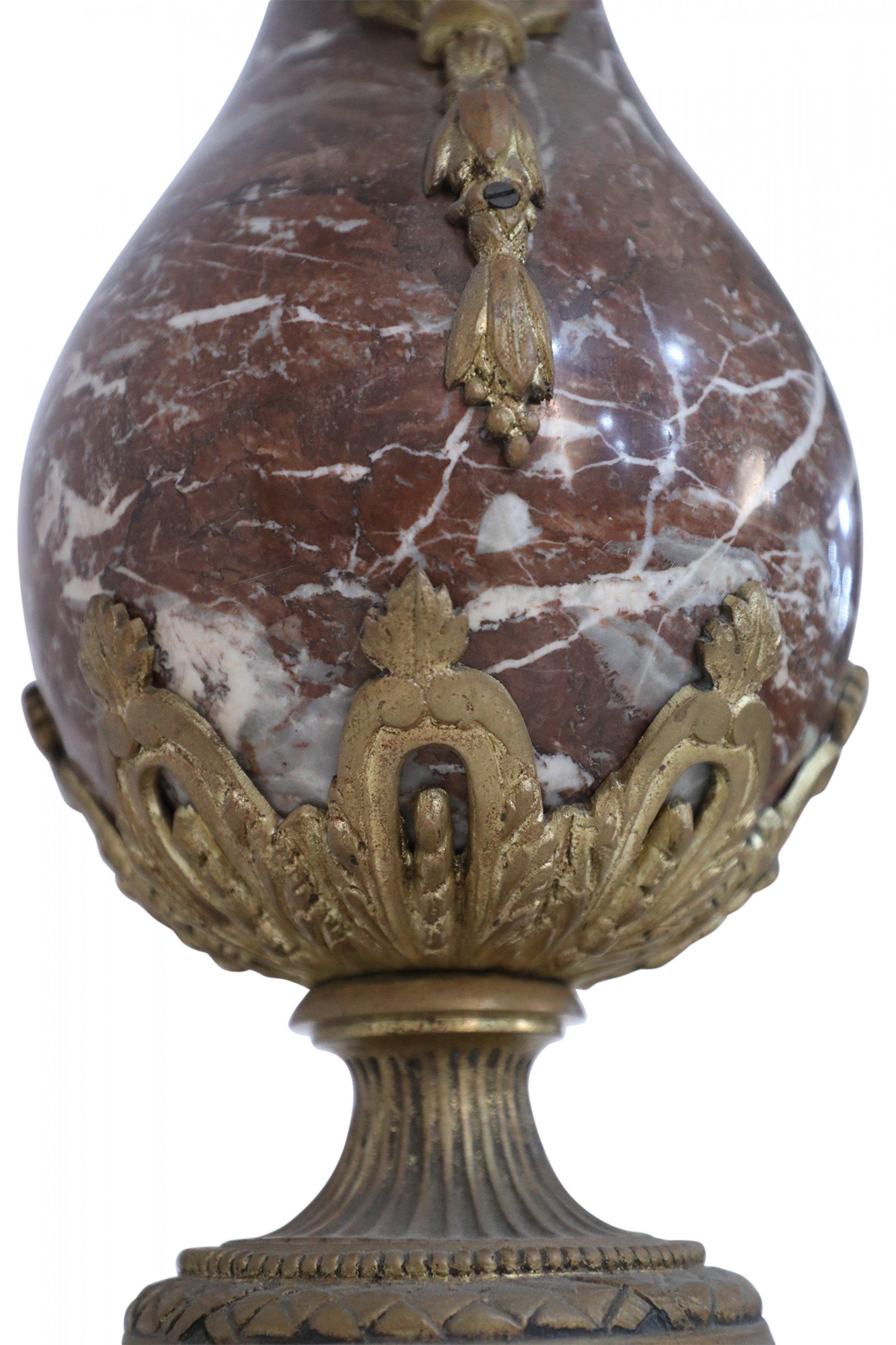 Pair of French Neoclassical Burgundy Marble and Bronze Decorative Urns For Sale 14