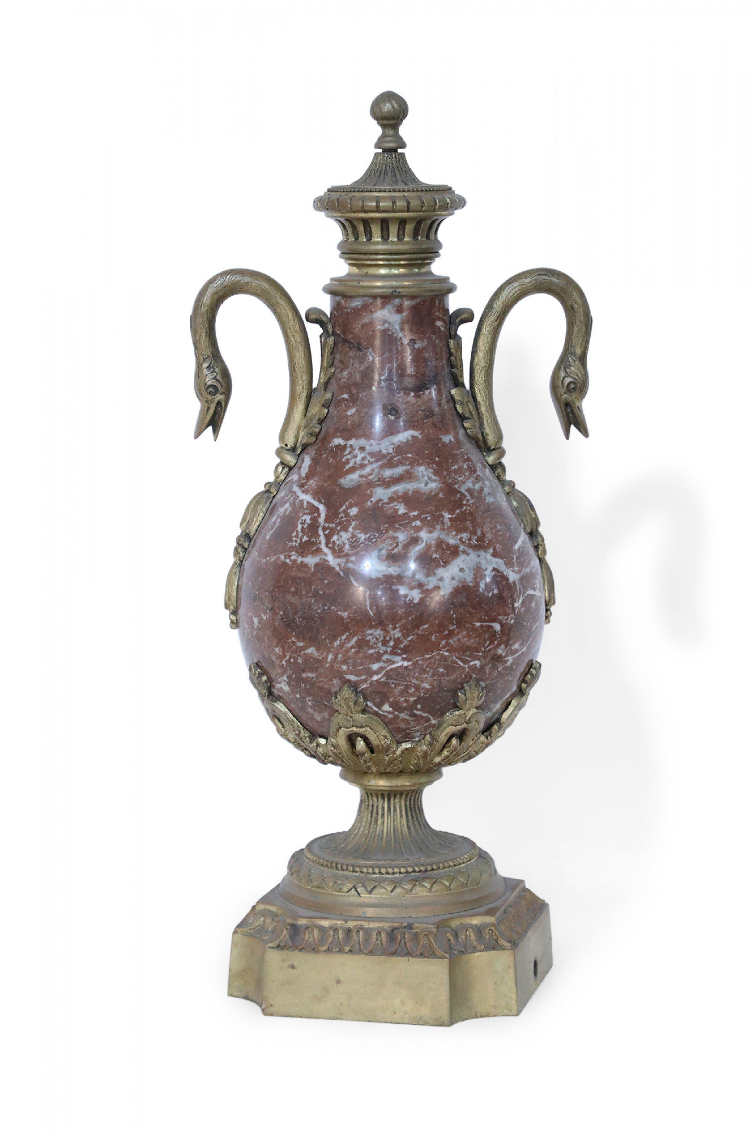 Pair of French Neoclassical Burgundy Marble and Bronze Decorative Urns For Sale 15