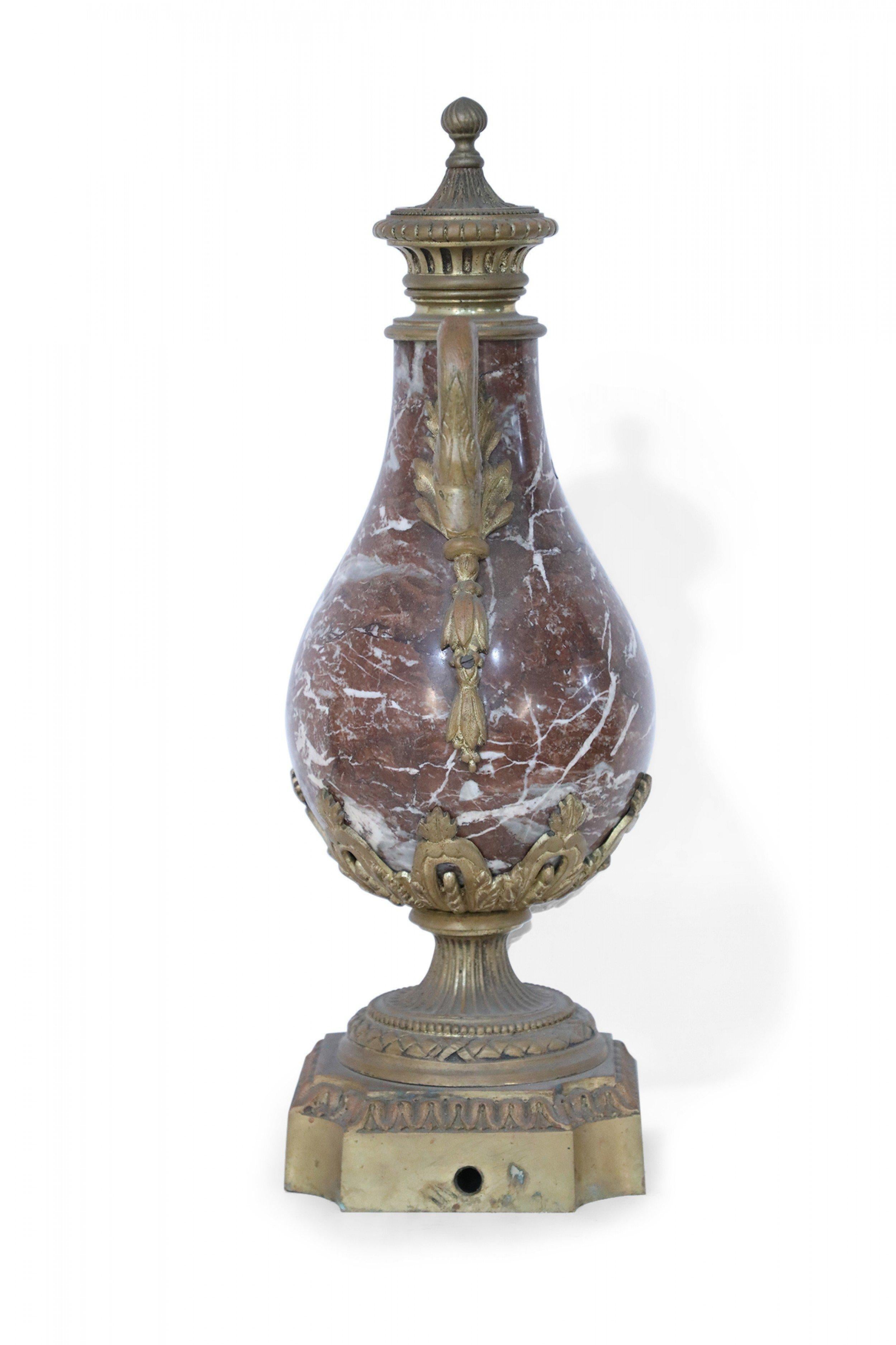 Pair of French Neoclassical Burgundy Marble and Bronze Decorative Urns For Sale 4