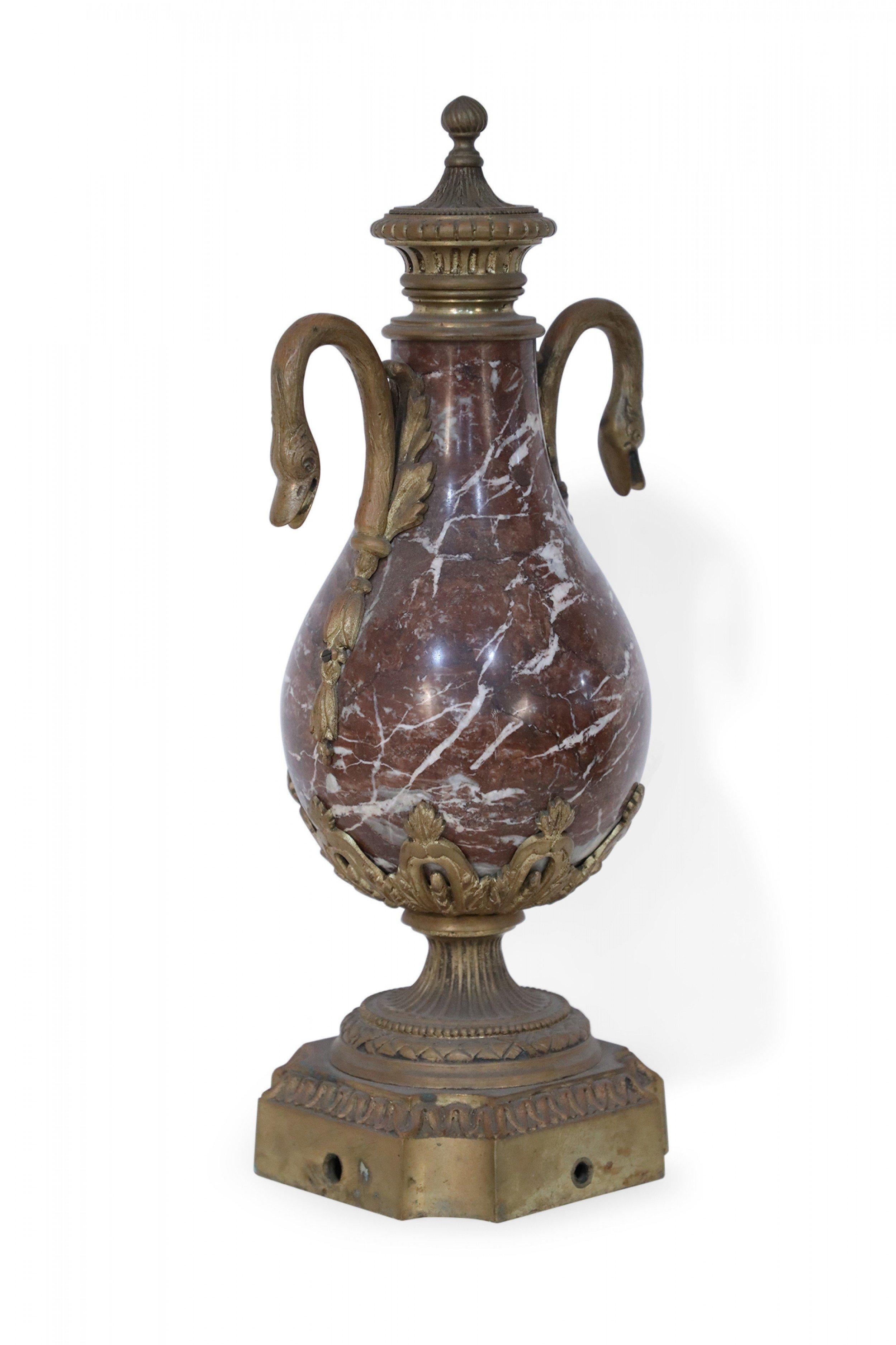 Pair of French Neoclassical Burgundy Marble and Bronze Decorative Urns For Sale 5