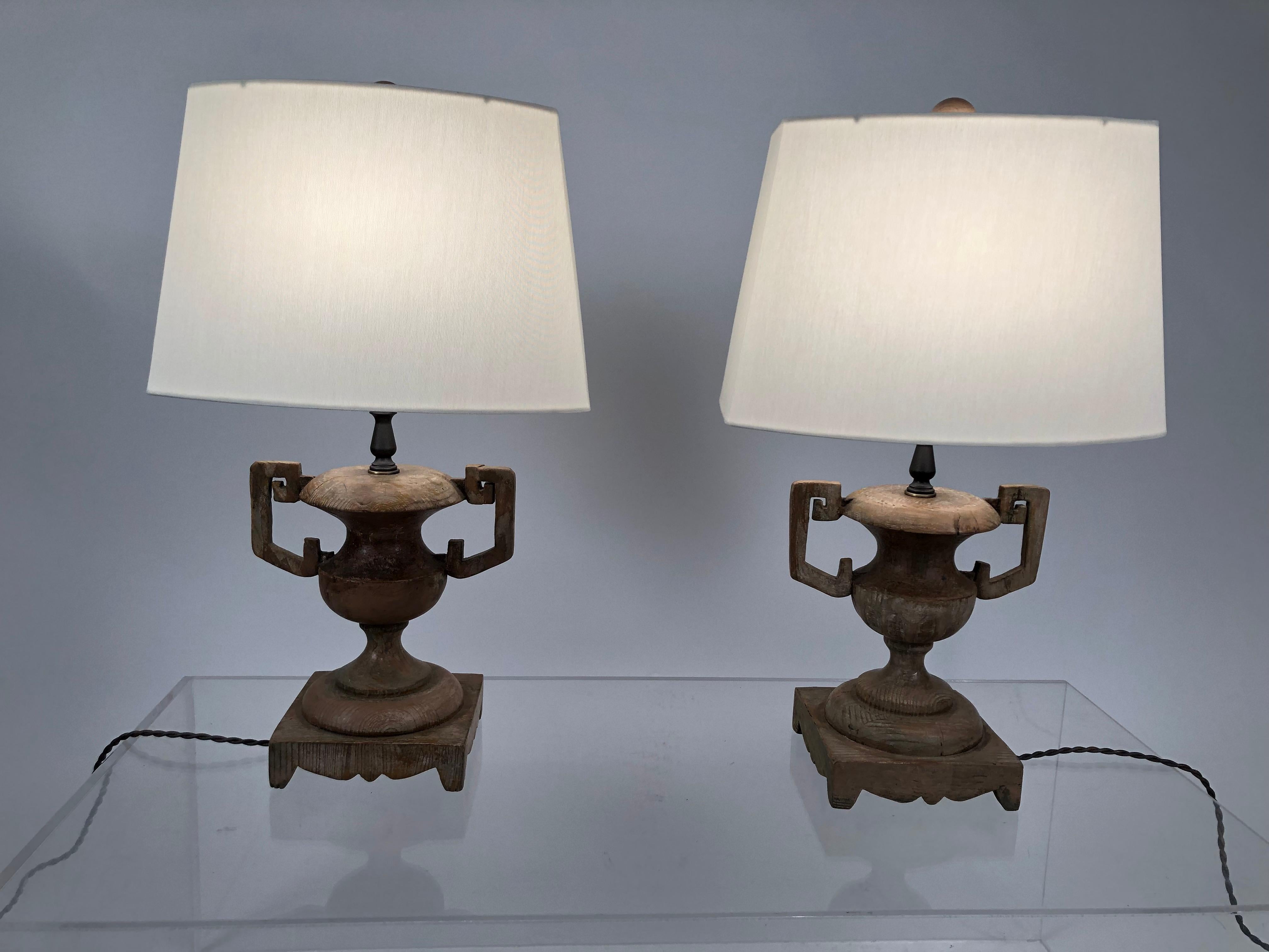 Pair of French Neoclassical Carved Wood Vase Lamps 1