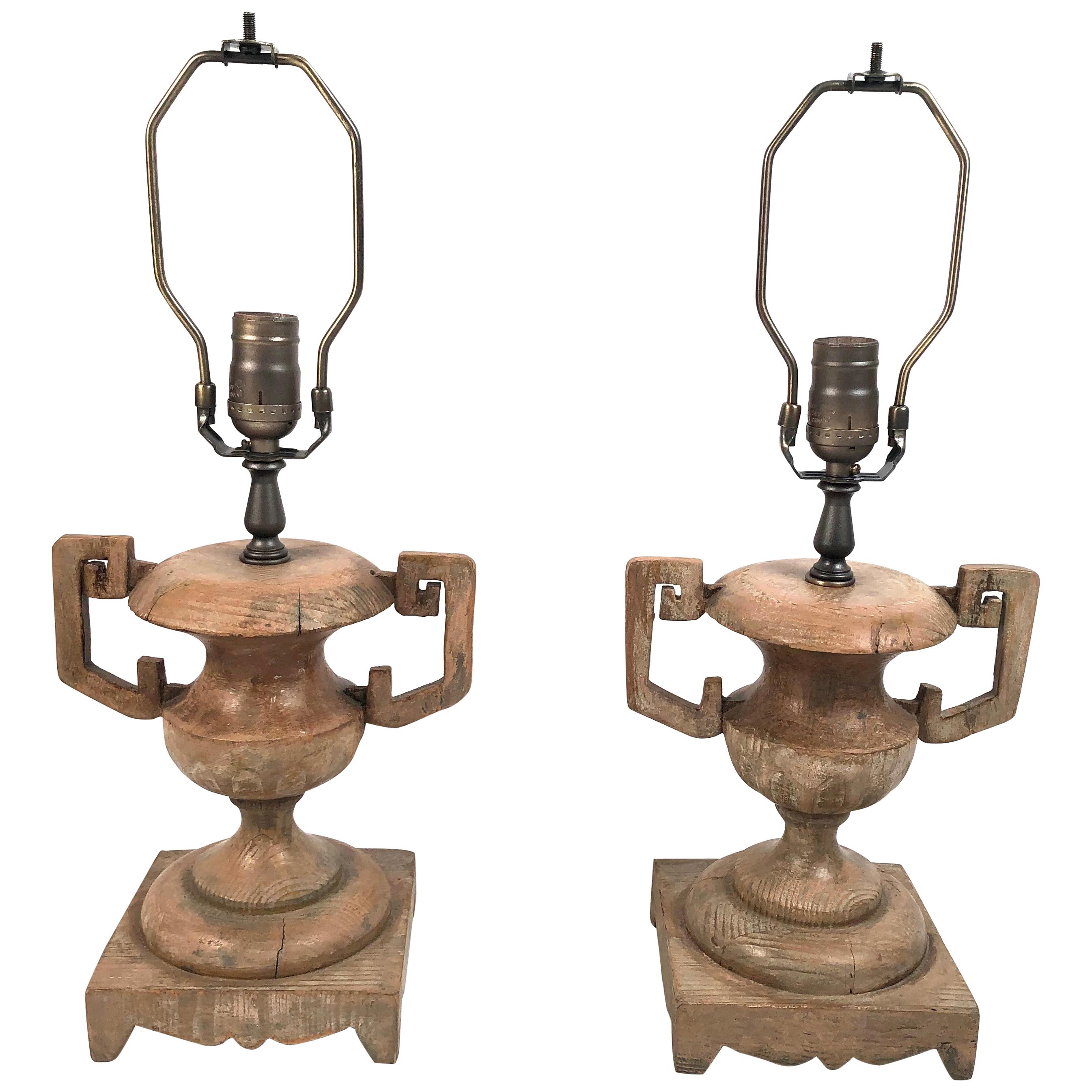 Mid-20th Century Pair of French Neoclassical Carved Wood Vase Lamps