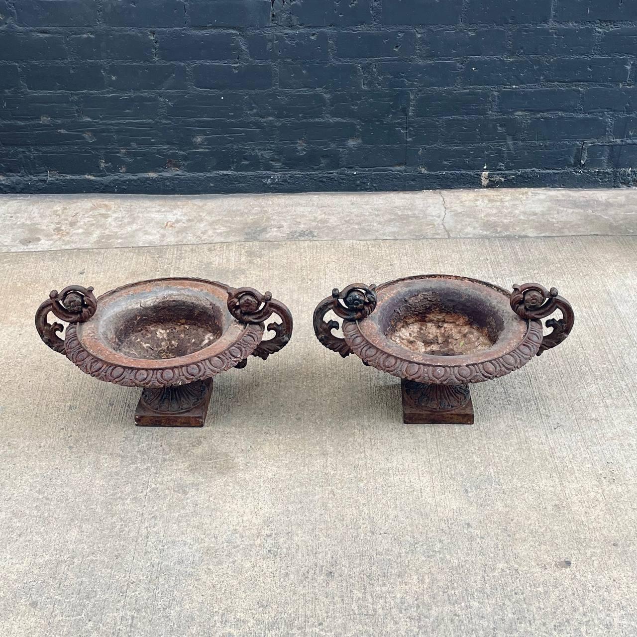 Early 20th Century Pair of French Neoclassical Cast Iron Garden Urns For Sale