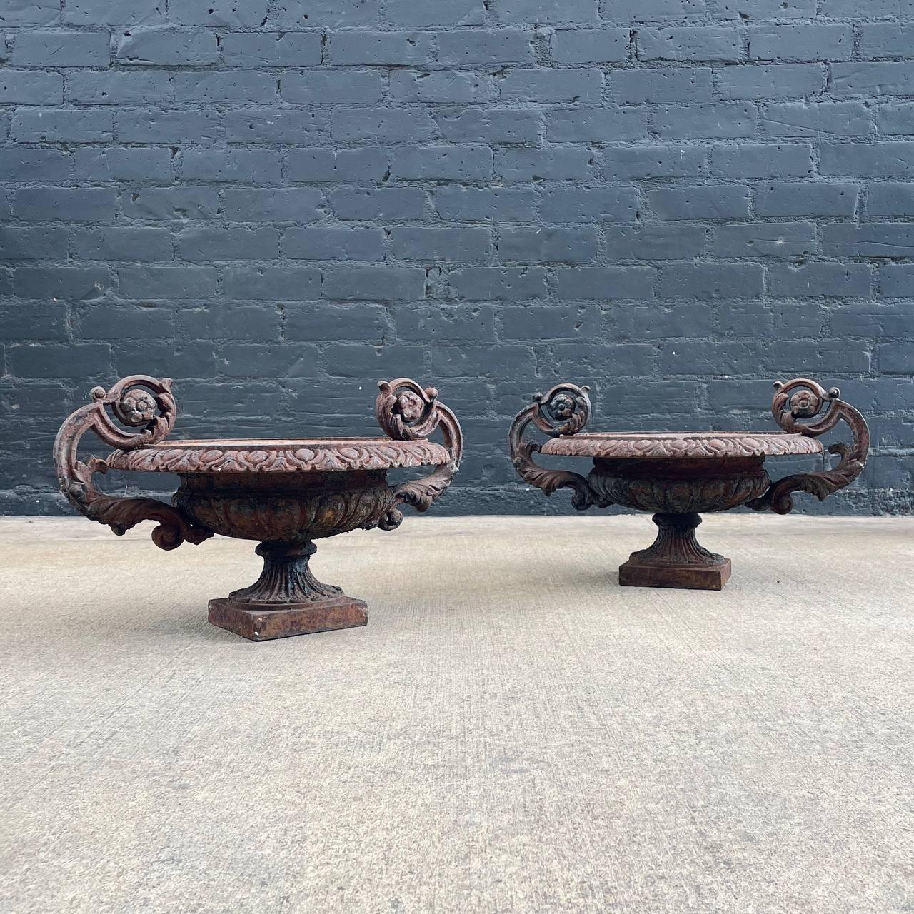 Pair of French Neoclassical Cast Iron Garden Urns For Sale 1