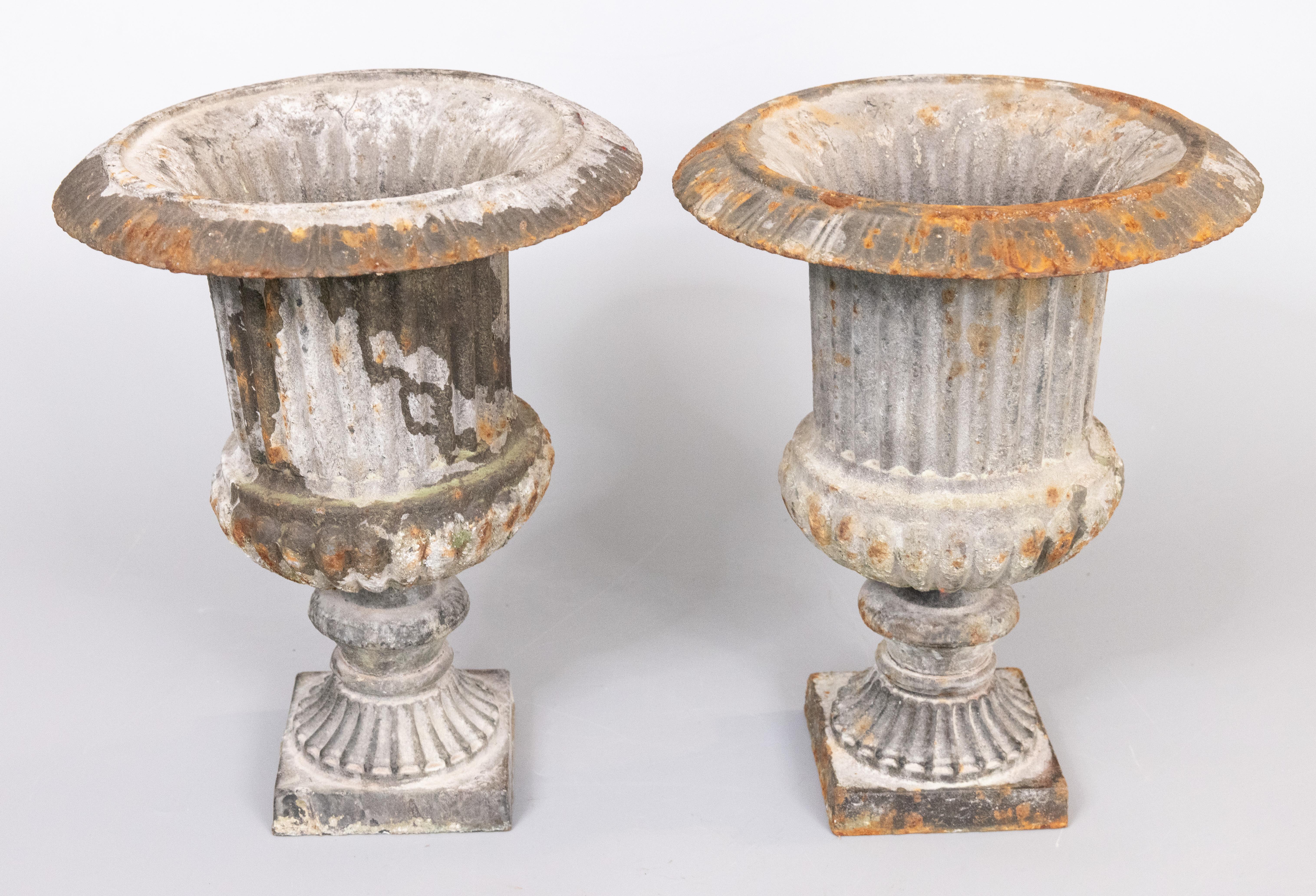 Une paire élégante d'urnes de jardin ou de jardinières en fonte française classique, d'époque, avec une belle surface et patine d'origine, vers 1940. Ces belles jardinières sont de grande taille, solides et lourdes, avec une belle patine d'usage.