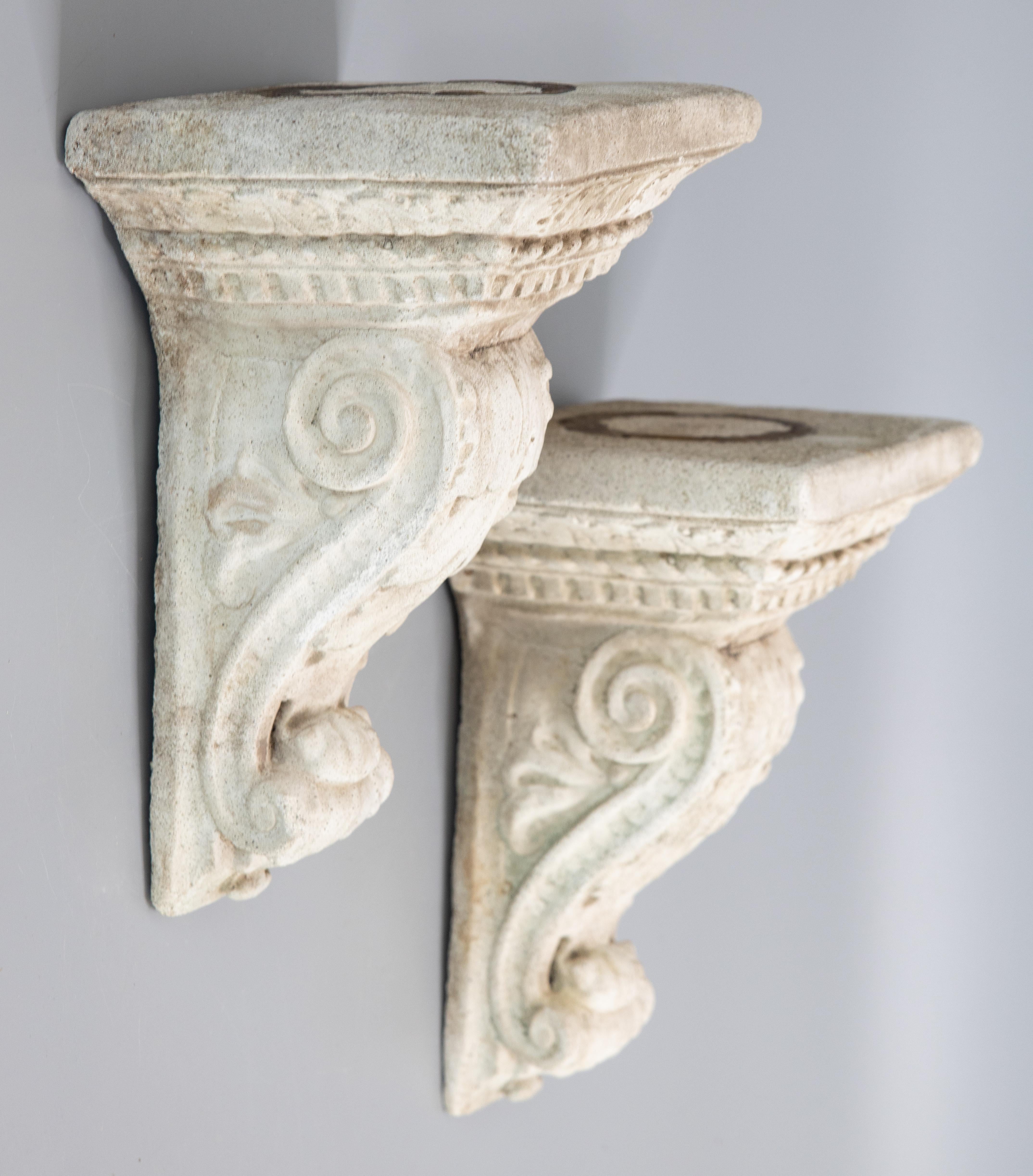 Pair of French Neoclassical Cast Stone Garden Wall Brackets Shelves Corbels 2