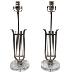 Pair of French Neoclassical Chrome Lyre Lamps with Lucite Bases