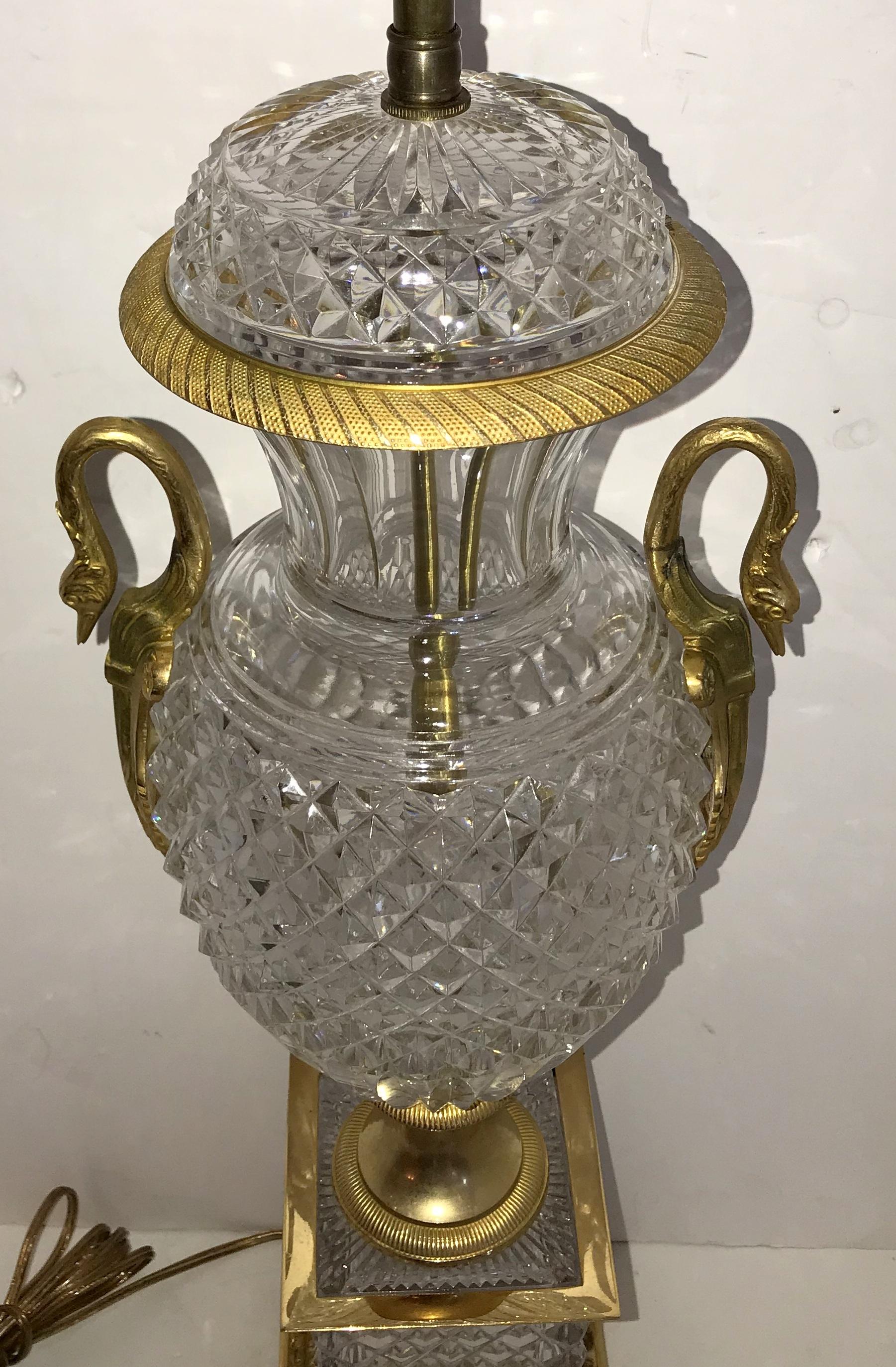 Gilt Pair of French Neoclassical Cut Crystal Urn Bronze Swan Ormolu Handles Lamps For Sale