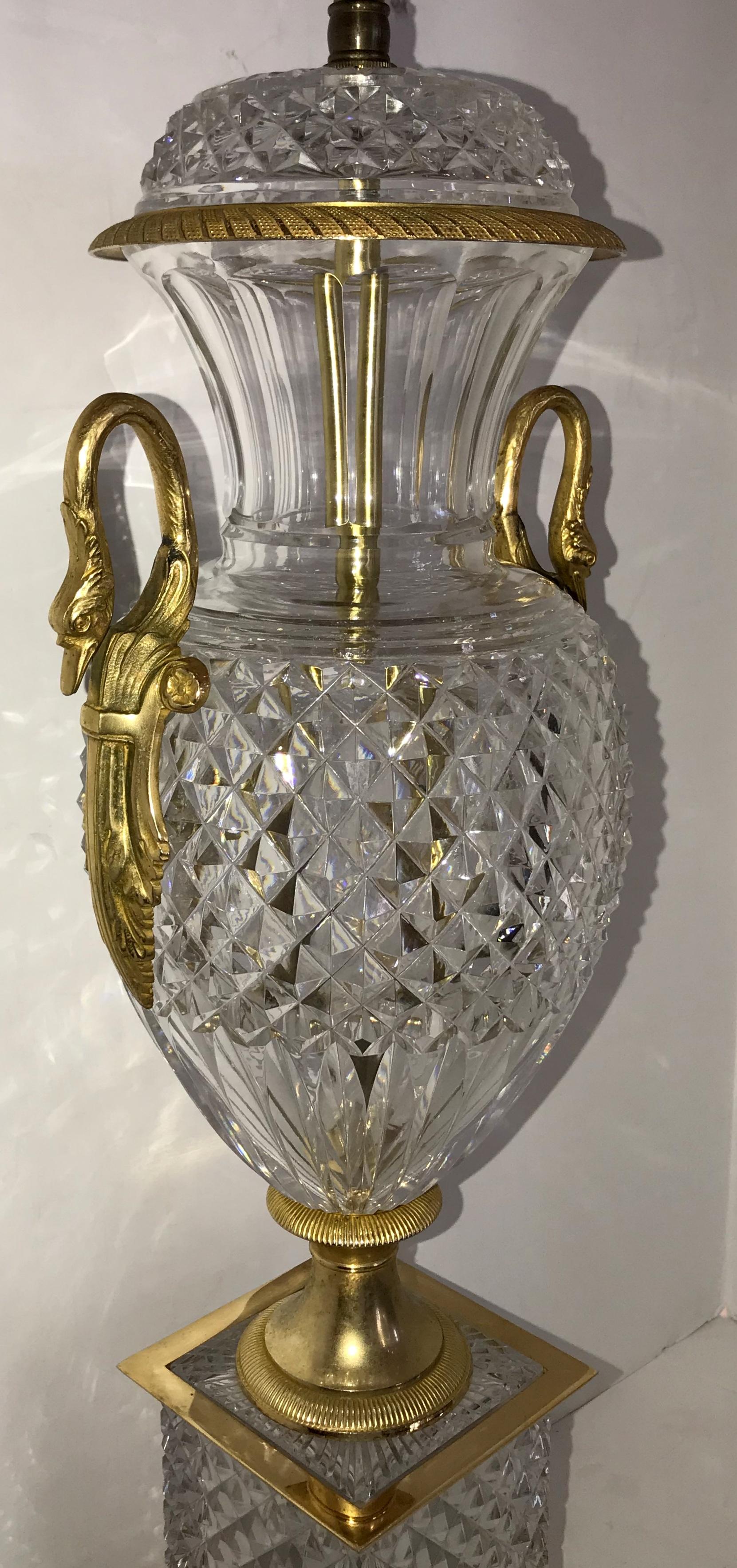 20th Century Pair of French Neoclassical Cut Crystal Urn Bronze Swan Ormolu Handles Lamps For Sale
