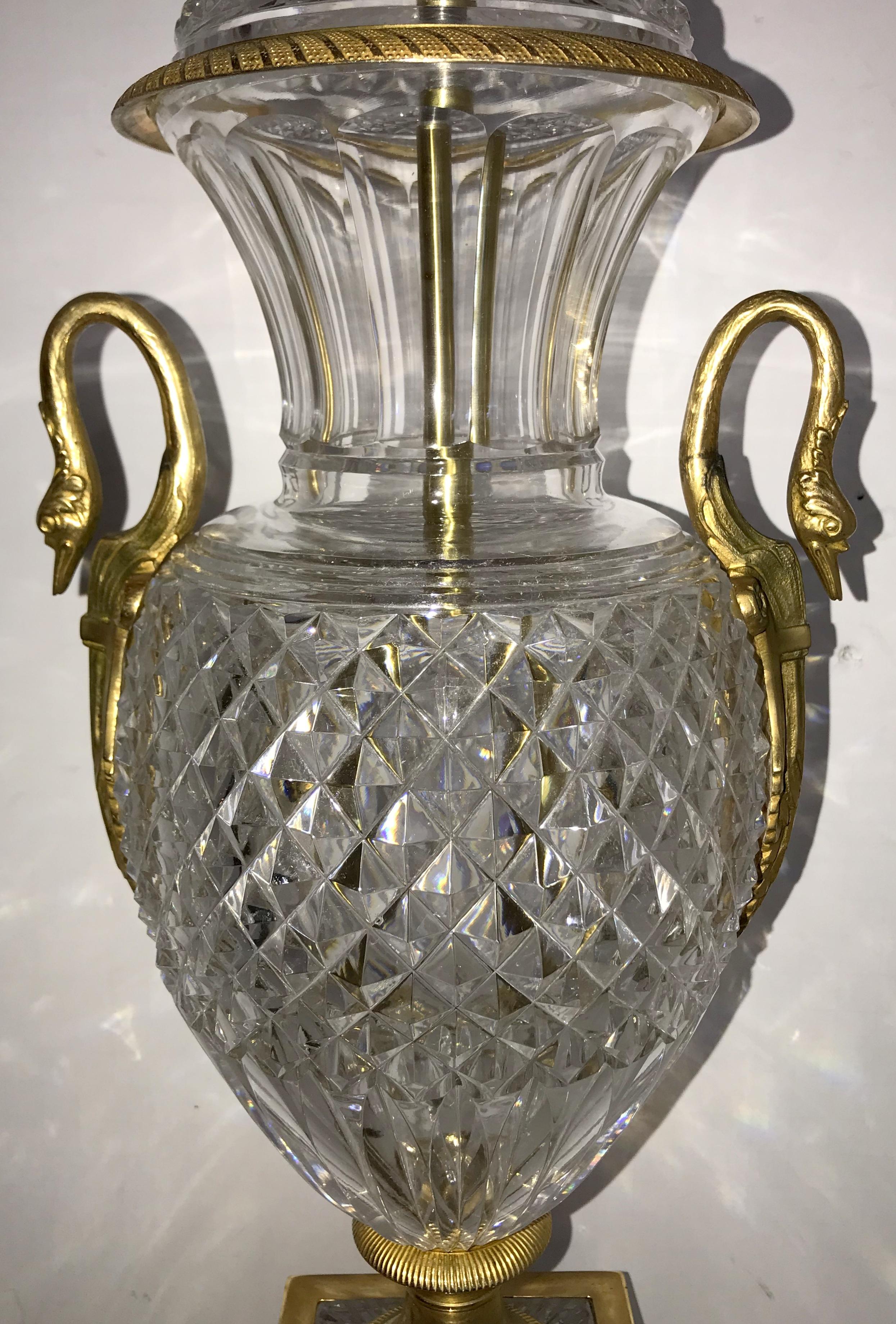 Pair of French Neoclassical Cut Crystal Urn Bronze Swan Ormolu Handles Lamps For Sale 1
