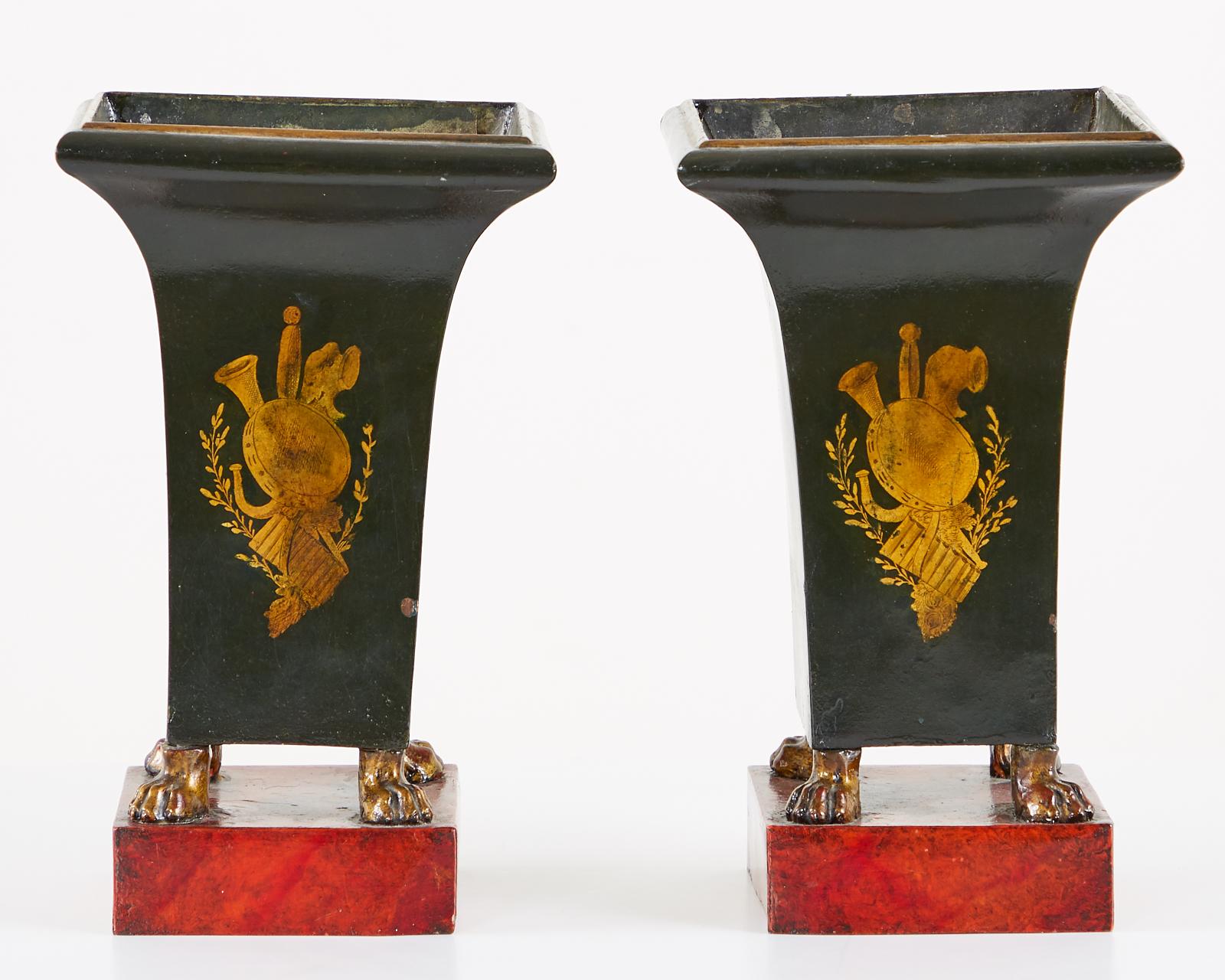 Pair of French Neoclassical Directoire Style Tole Vases For Sale 5