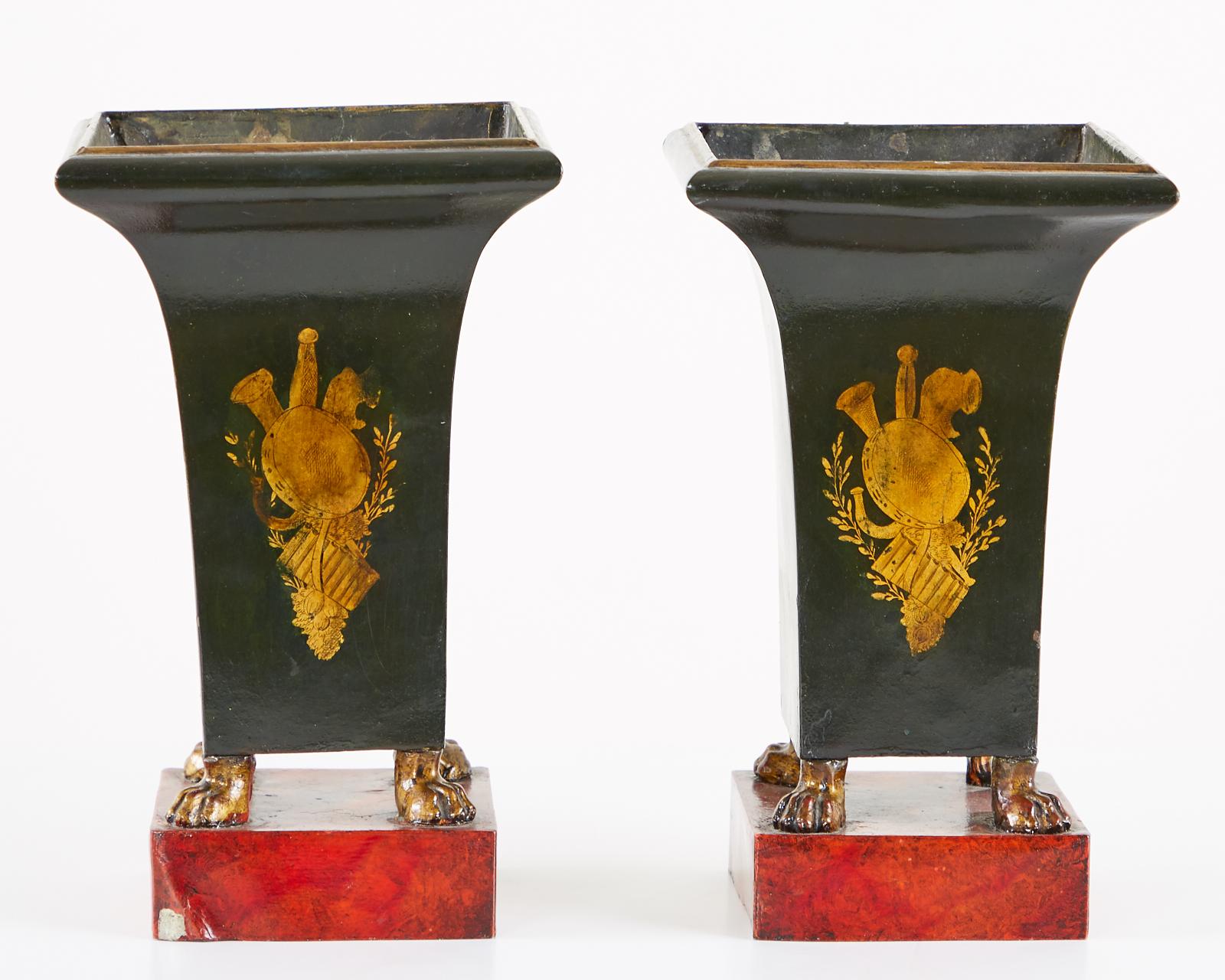 Pair of French Neoclassical Directoire Style Tole Vases For Sale 7