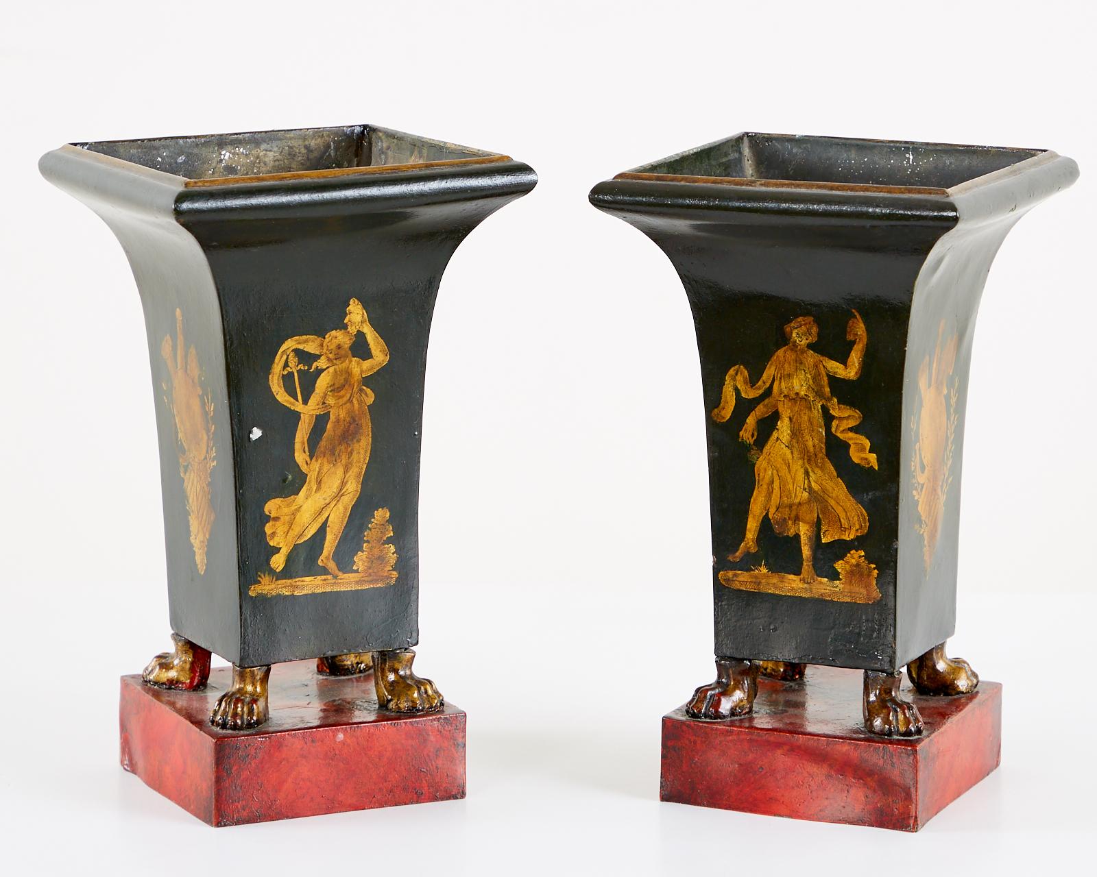 Metal Pair of French Neoclassical Directoire Style Tole Vases For Sale