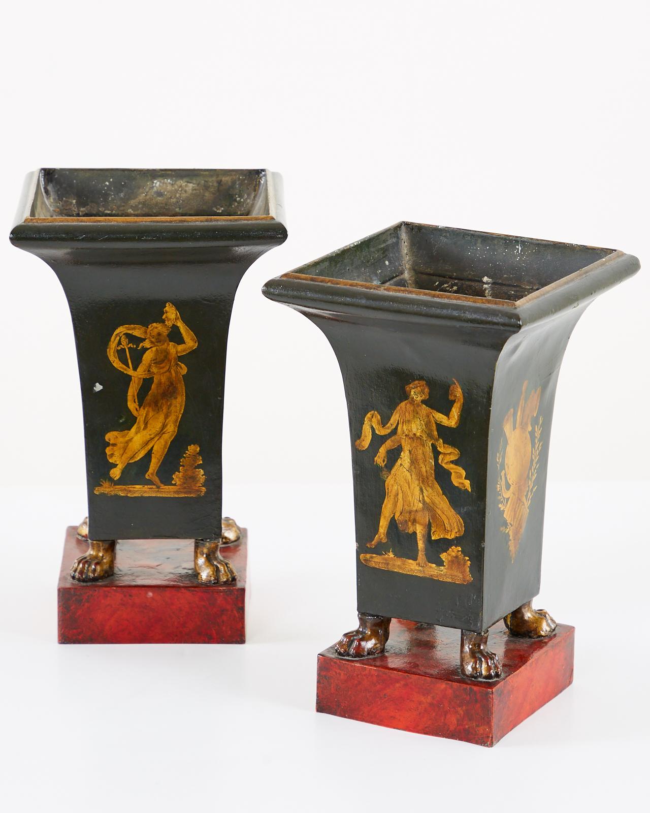 Pair of French Neoclassical Directoire Style Tole Vases For Sale 2