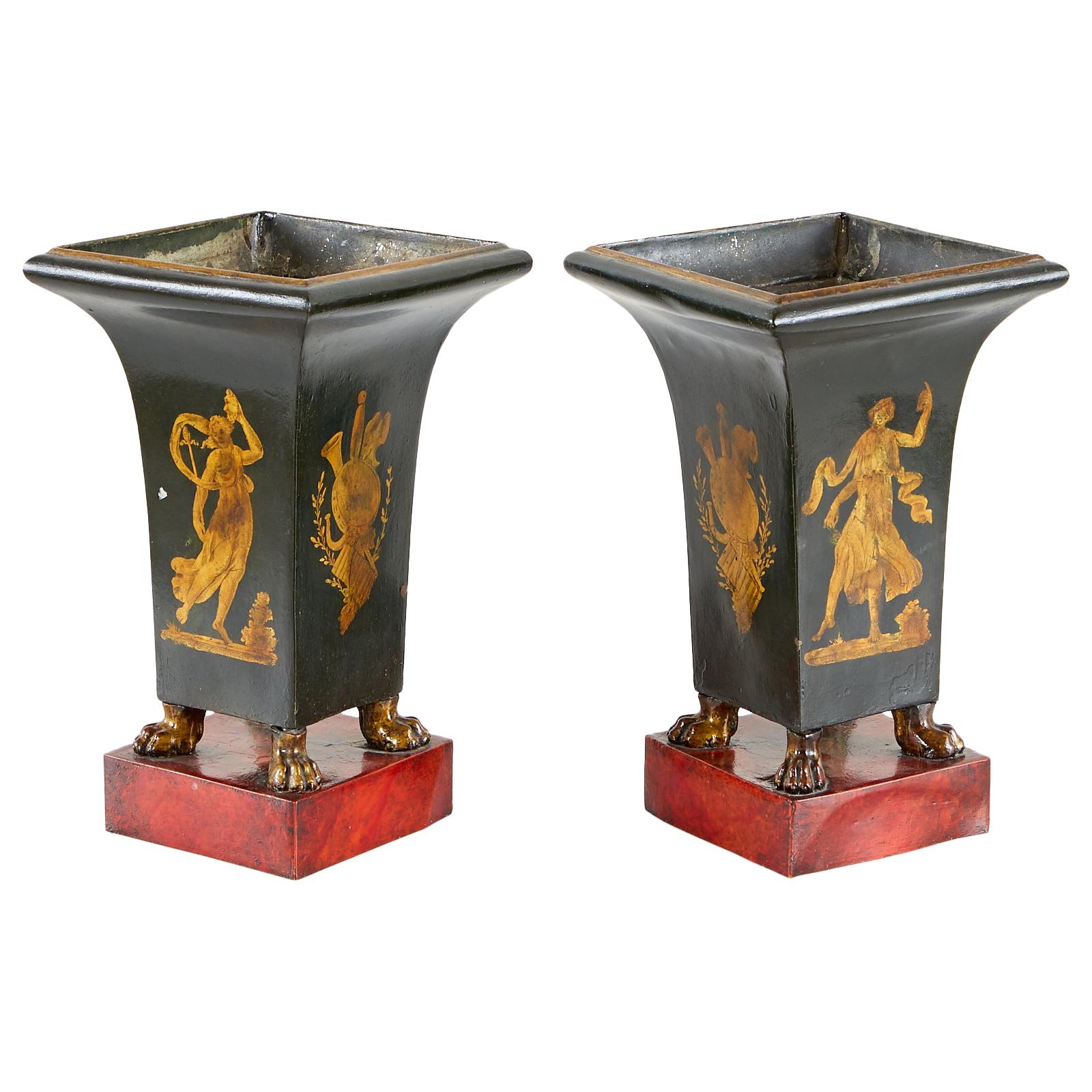 Pair of French Neoclassical Directoire Style Tole Vases For Sale