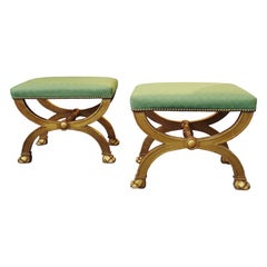 Pair of French Neoclassical Gilded Stools with Lion Paws