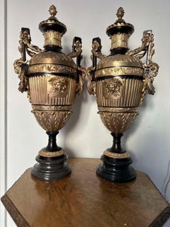 Pair of French Neoclassical Gilt Bronze & Black Marble Mounted Urns with Medusas