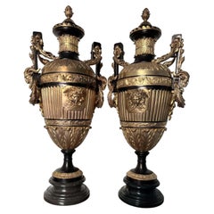 Pair of French Neoclassical Gilt Bronze & Black Marble Mounted Urns with Medusas