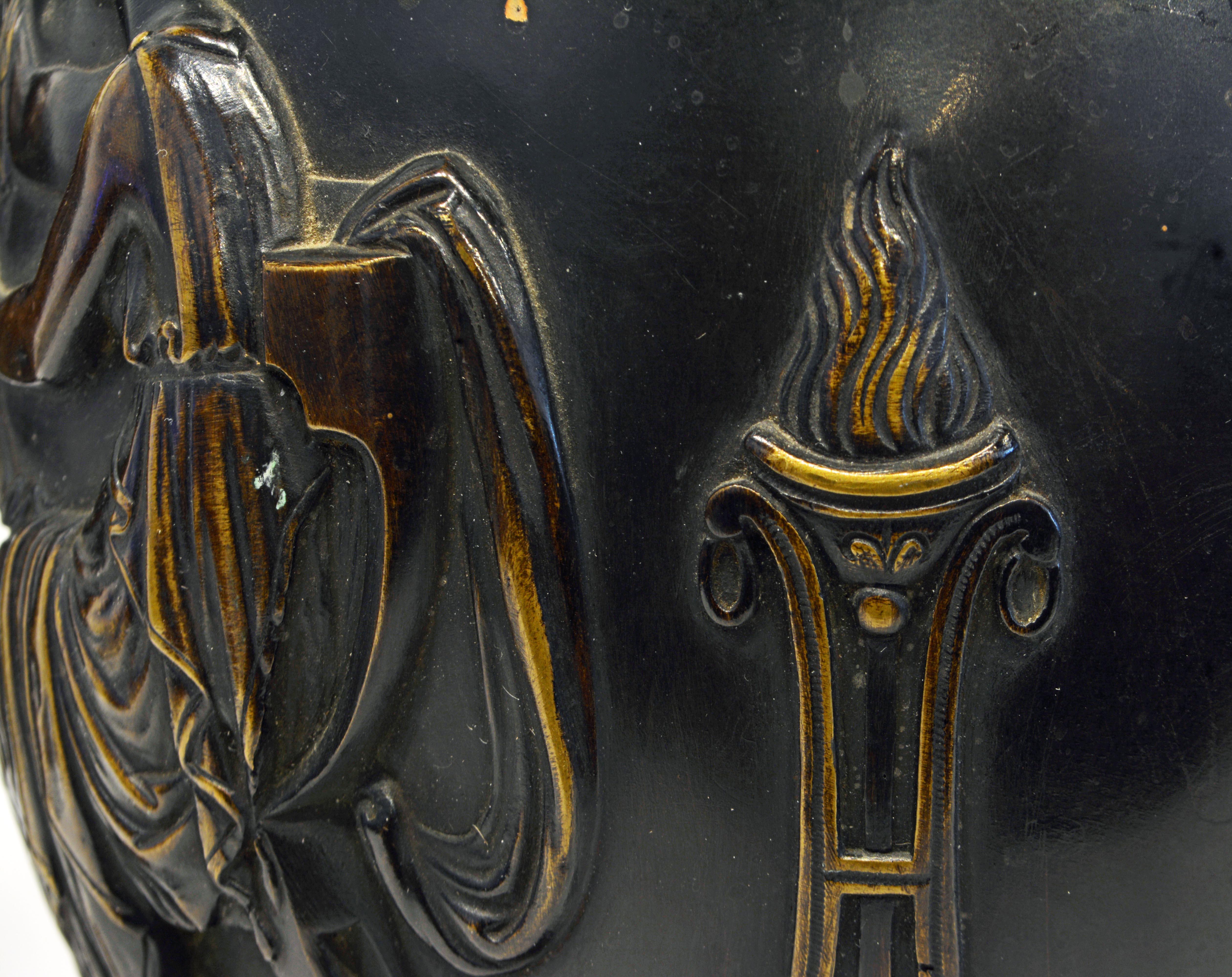 Pair of French Neoclassical Haut-Relief Decorated Patinated Bronze Table Lamps For Sale 9