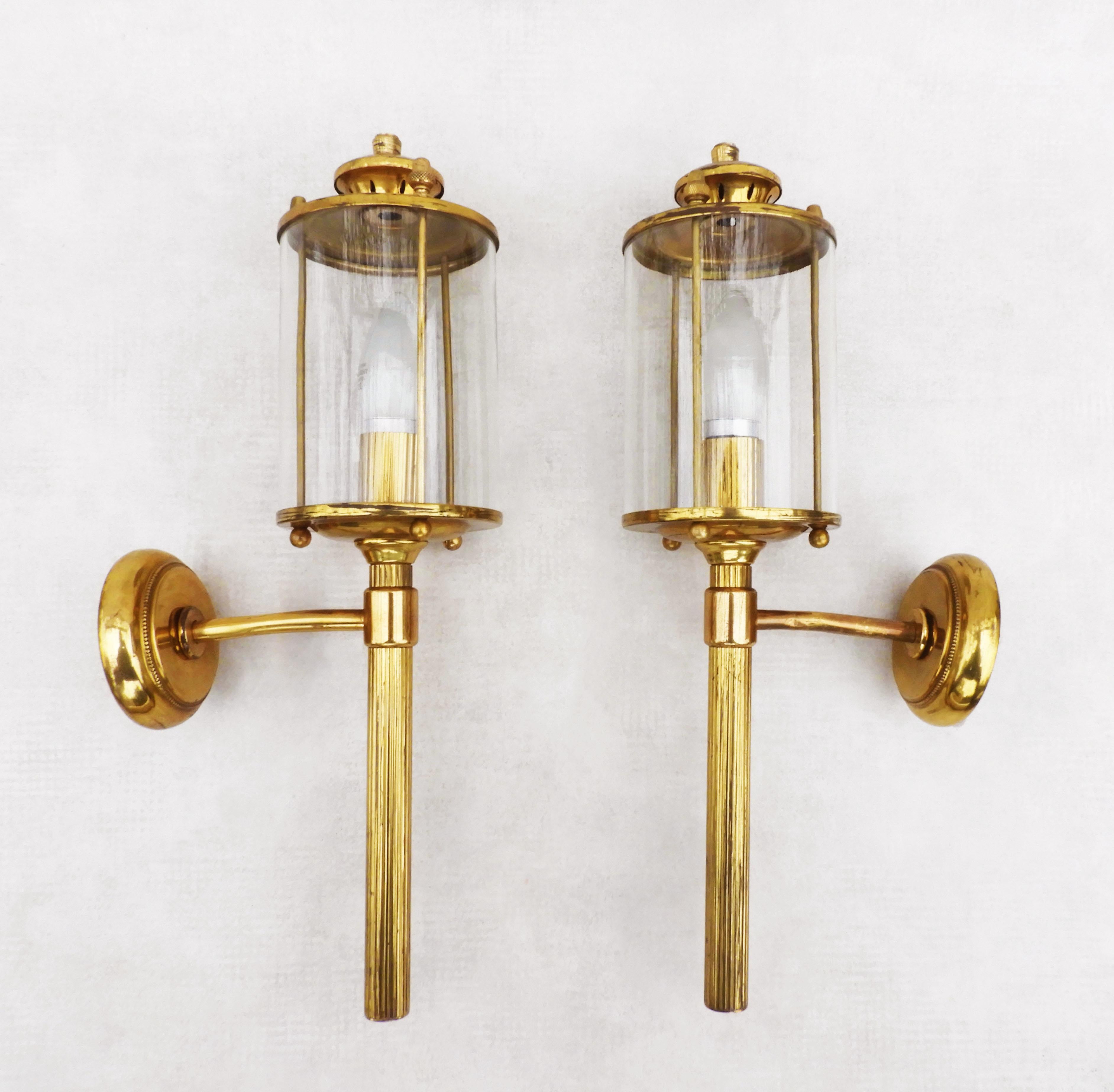 20th Century Pair of French Neoclassical Maison Jansen Style Brass Wall Sconce Lanterns C1950