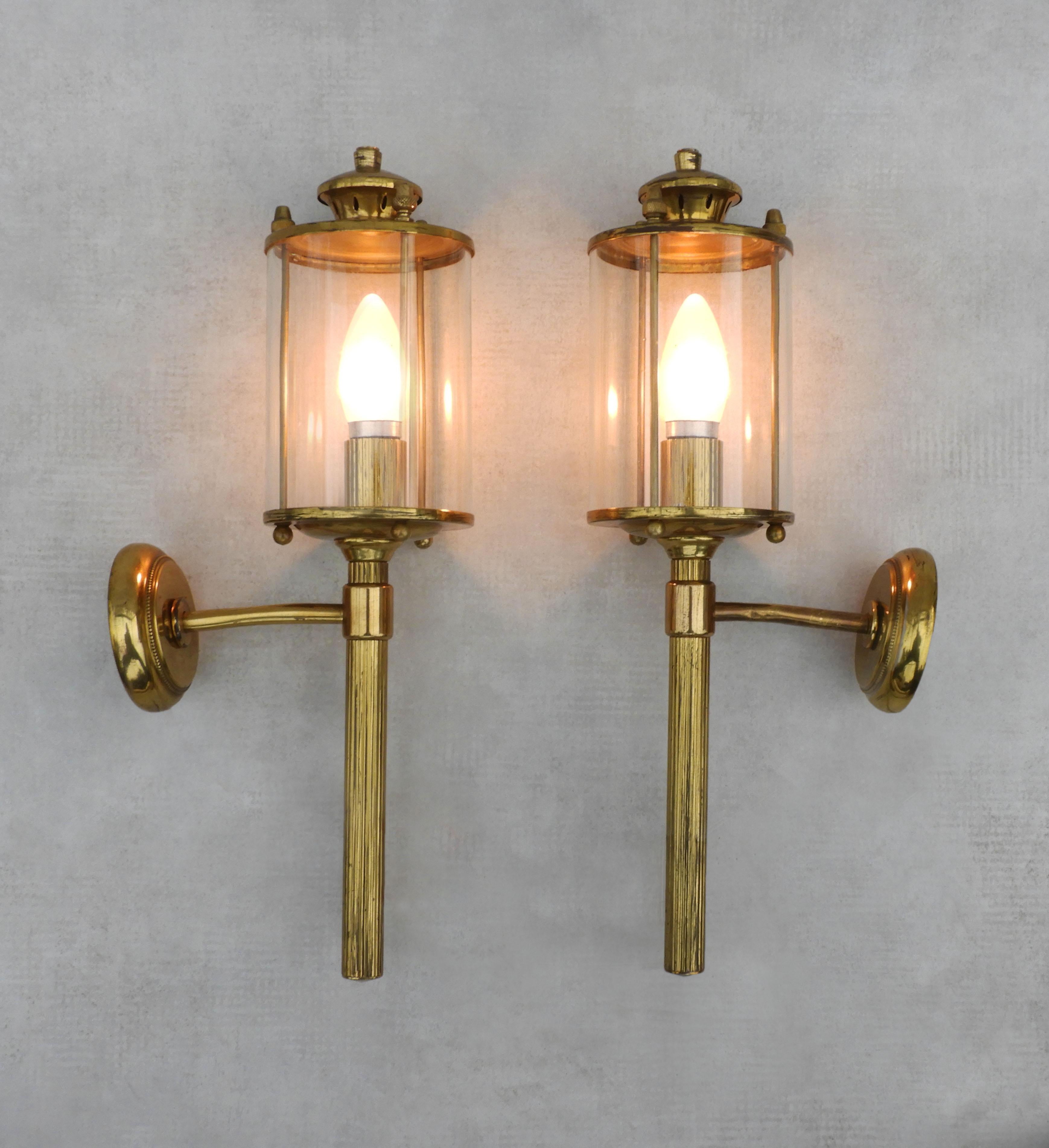 Glass Pair of French Neoclassical Maison Jansen Style Brass Wall Sconce Lanterns C1950