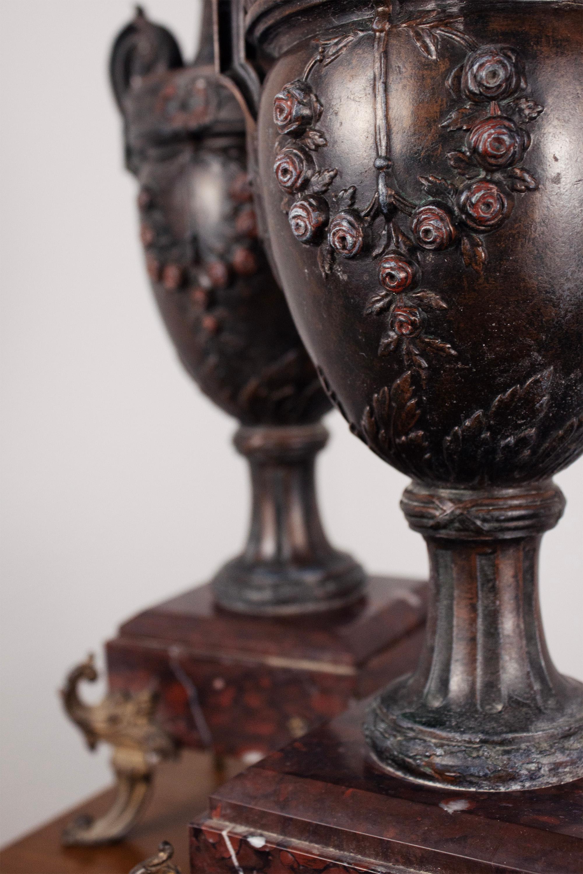 Pair of French Neoclassical Marble Bronze and Brass Urns For Sale 5