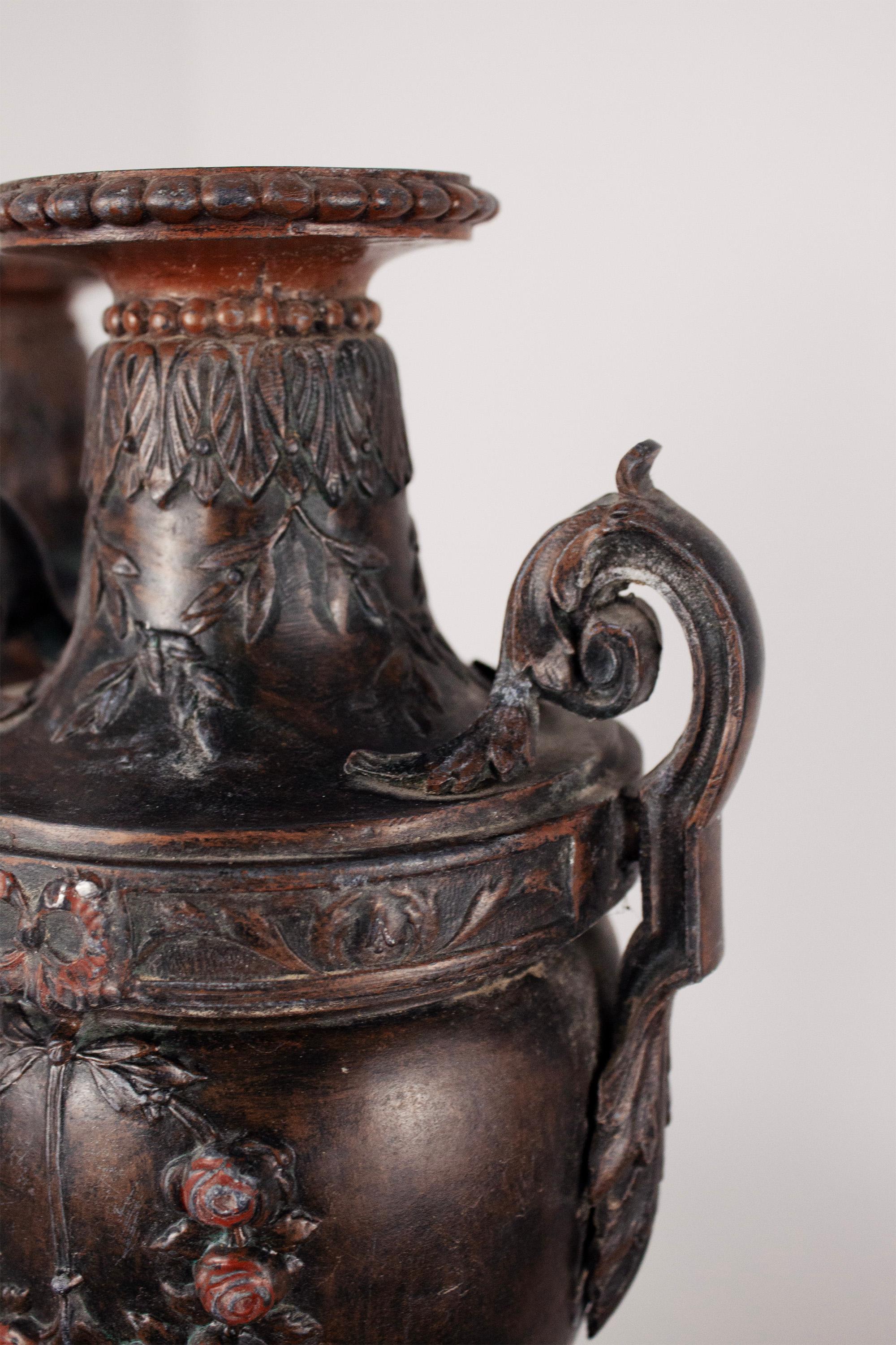 Pair of French Neoclassical Marble Bronze and Brass Urns For Sale 7