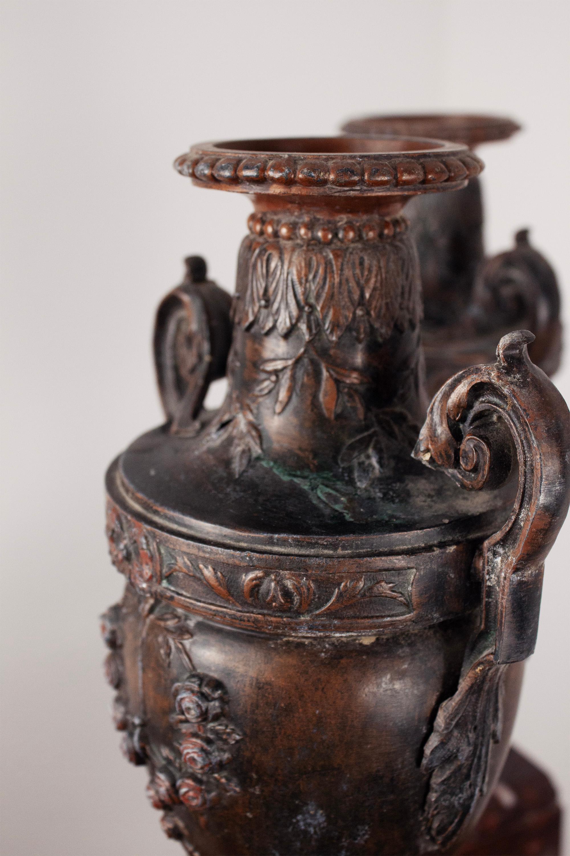 Pair of French Neoclassical Marble Bronze and Brass Urns For Sale 3