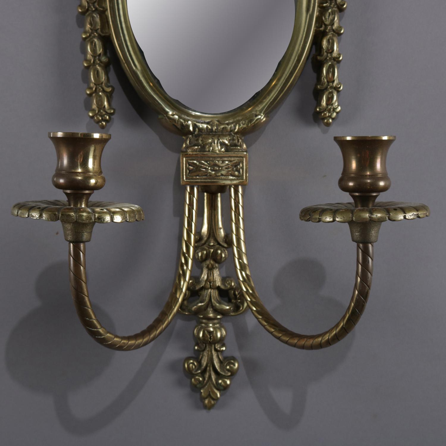 Pair of French Neoclassical Mirrored Brass Flaming Urn Candle Wall Sconces In Good Condition In Big Flats, NY