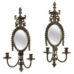 Pair of French Neoclassical Mirrored Brass Flaming Urn Candle Wall Sconces