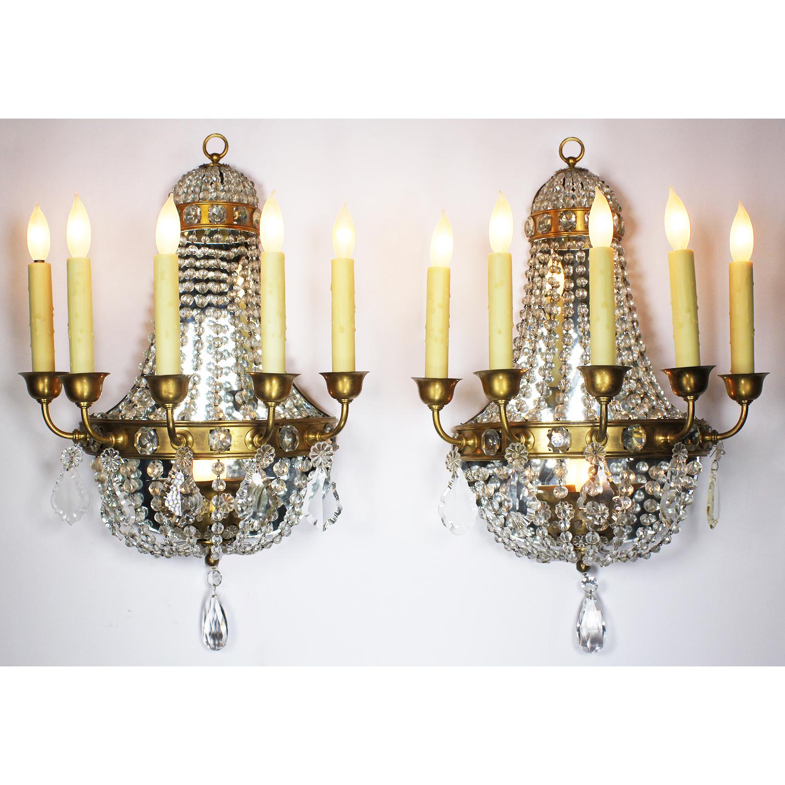 Gilt Pair of French Neoclassical Revival Louis XVI Style Cut-Glass Wall Sconces For Sale