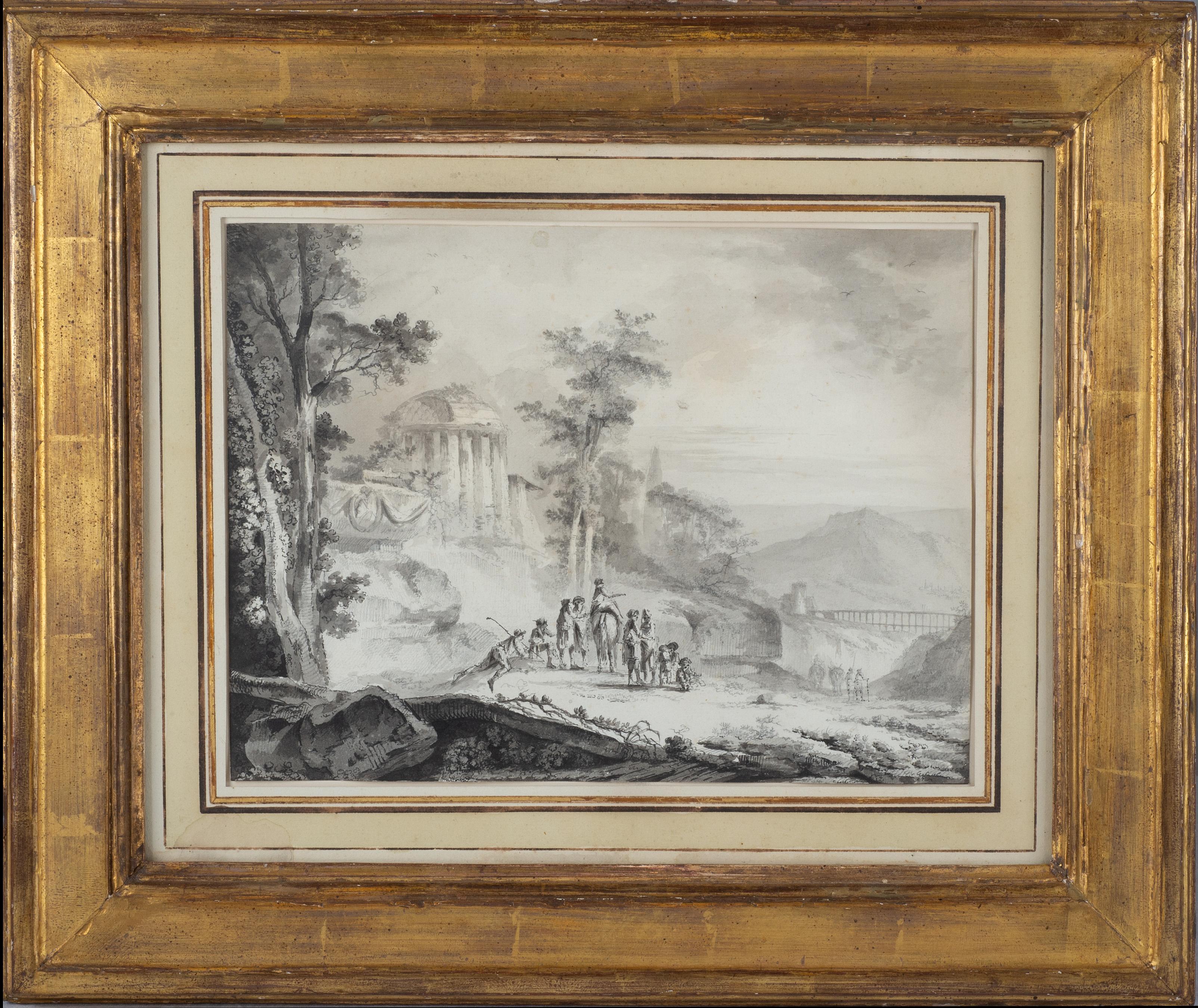 Pair of landscape drawings, one showing a country outing with mountains and ruins in the background, the other showing characters in an imaginary setting of ruins.
Ink and wash on paper.
Sight size of each drawing is 9 1/4in. by 12 1/4in. 

The