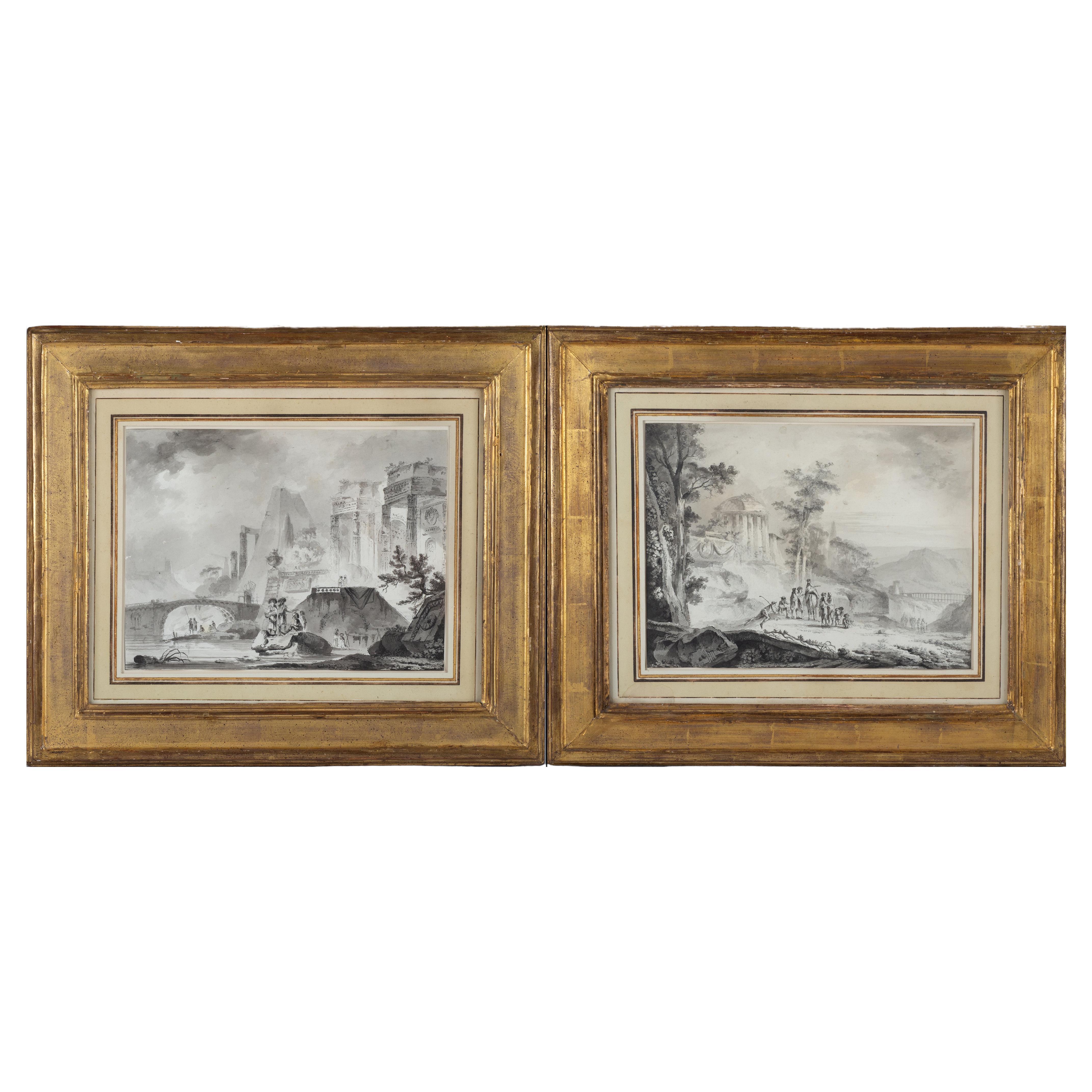 Pair of French Neoclassical Ruin Drawings For Sale