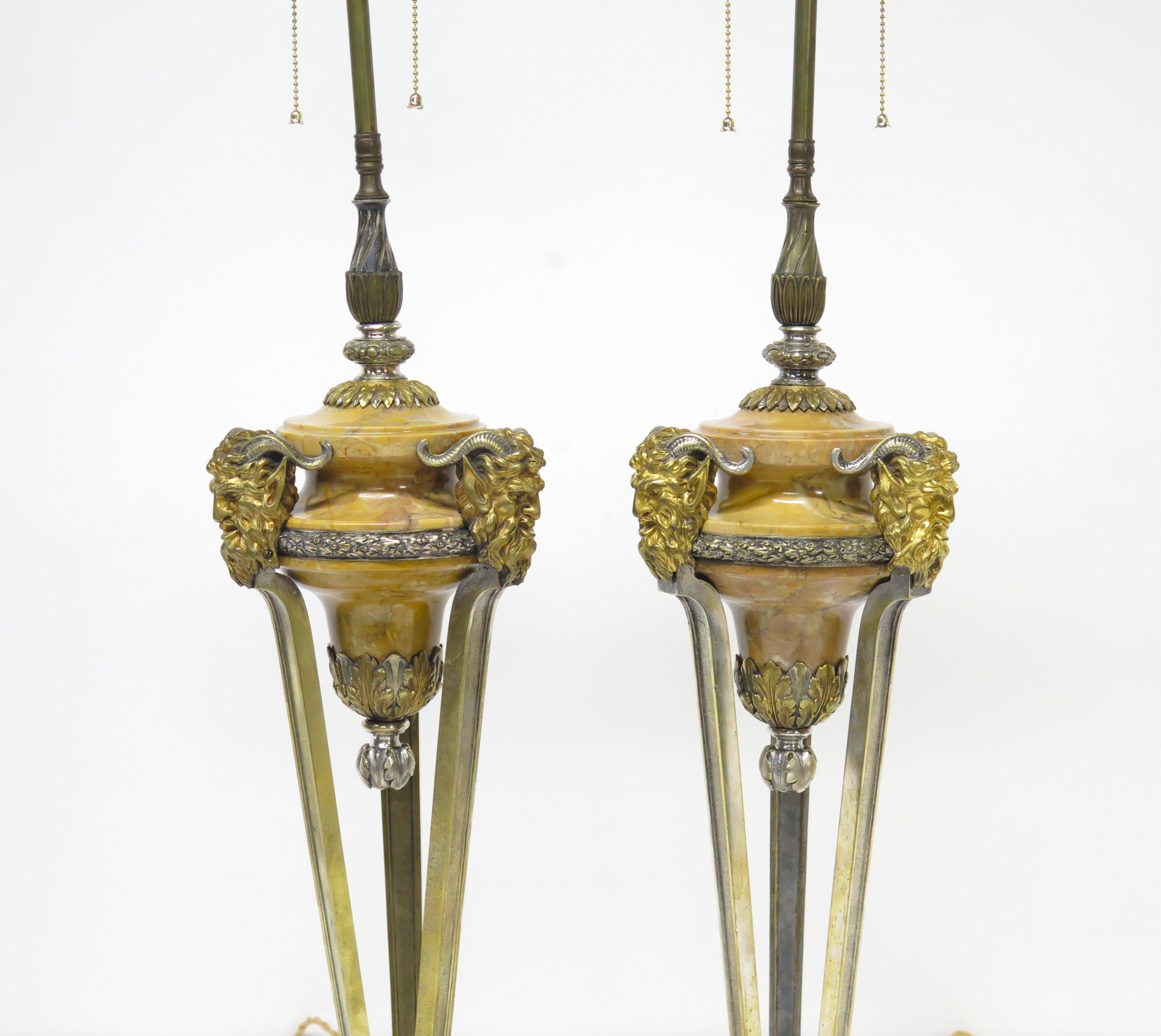 Pair of French Louis Philippe Siena Marble and Gilt Bronze Table Lamps In Good Condition For Sale In Dallas, TX