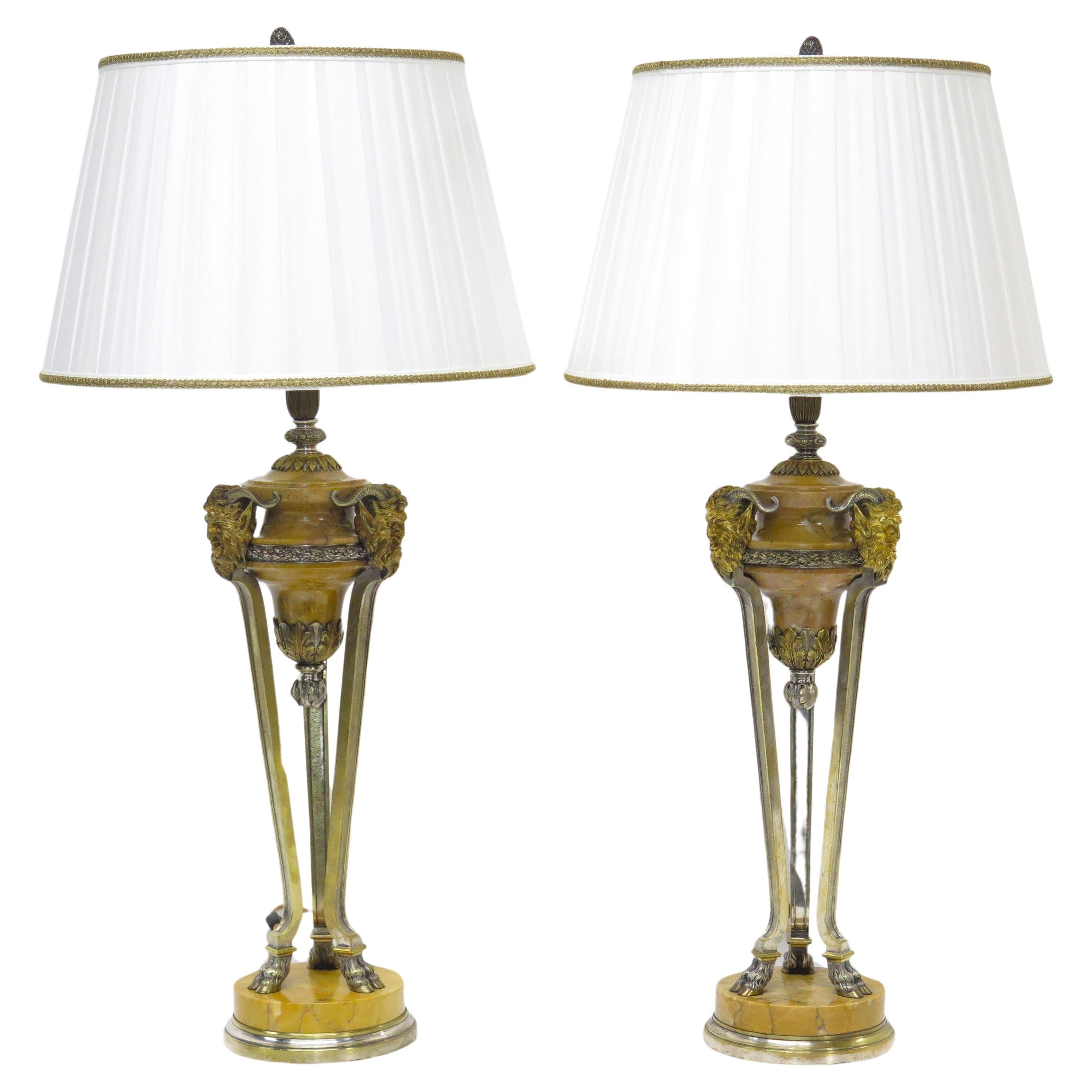 Pair of French Louis Philippe Siena Marble and Gilt Bronze Table Lamps