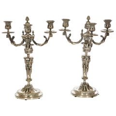 Pair of French Neoclassical Silver-Plated Bronze Candelabra