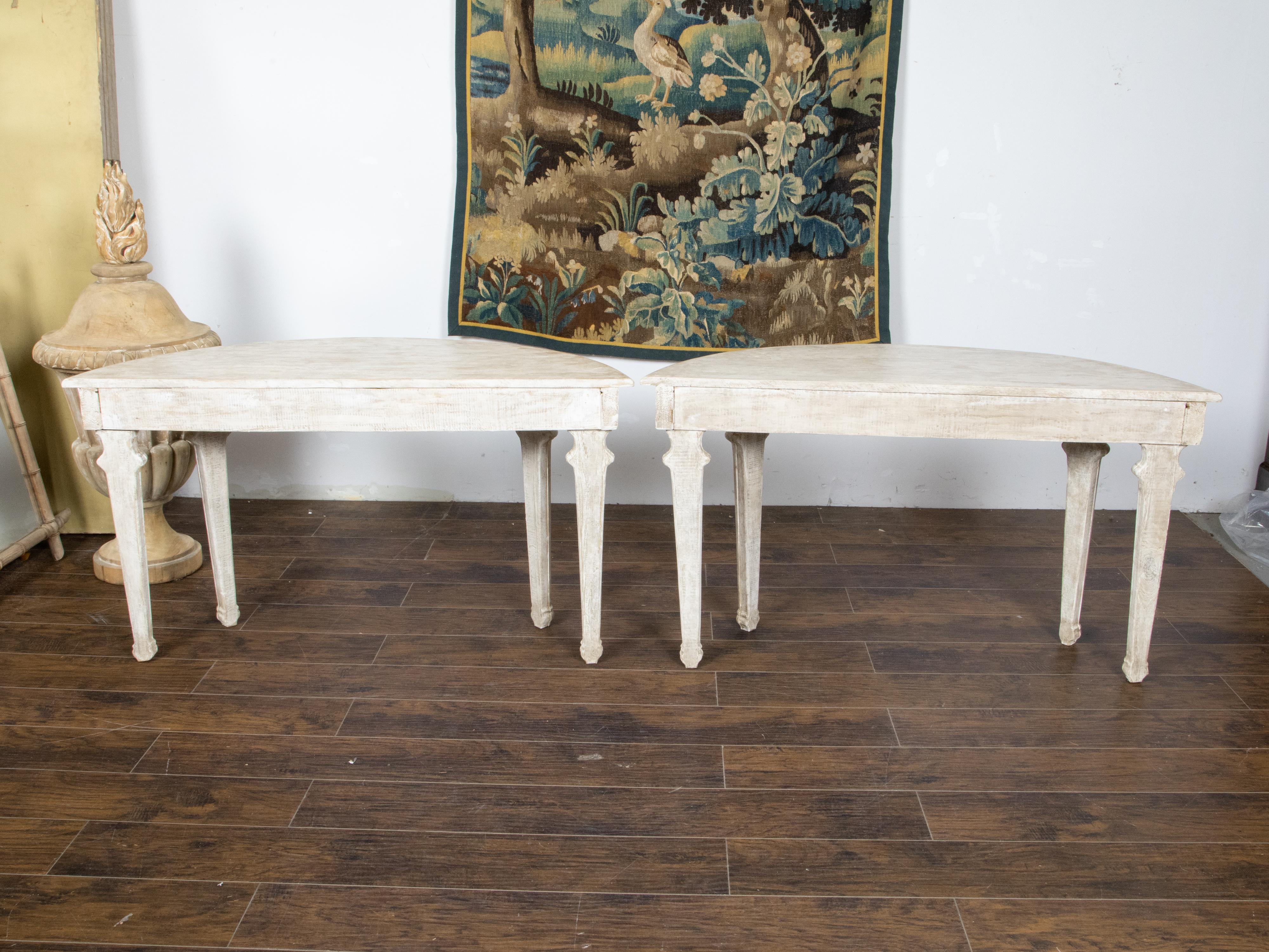 Wood Pair of French Neoclassical Style 1880s Demilune Tables with Carved Décor For Sale