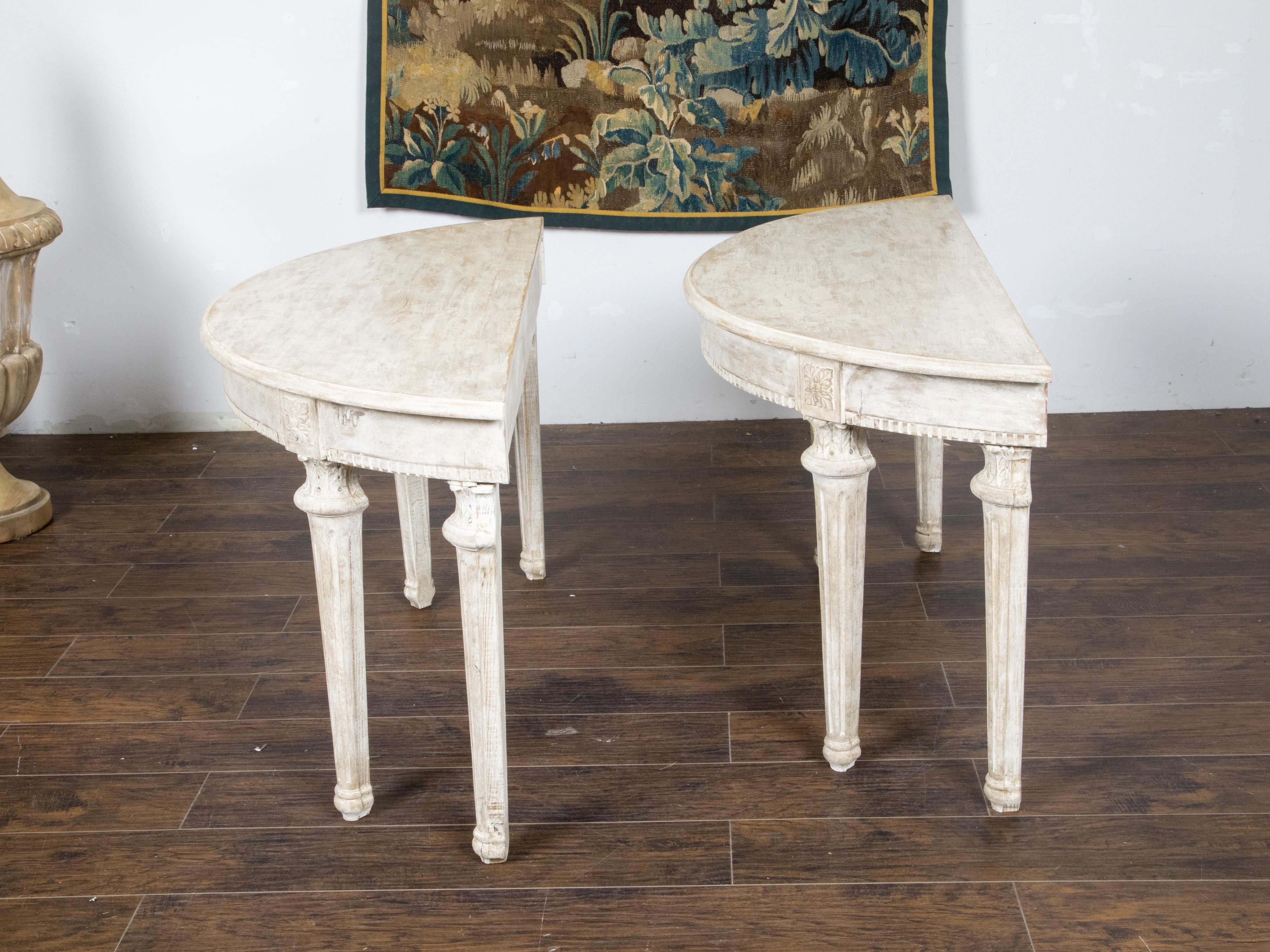 Pair of French Neoclassical Style 1880s Demilune Tables with Carved Décor For Sale 1